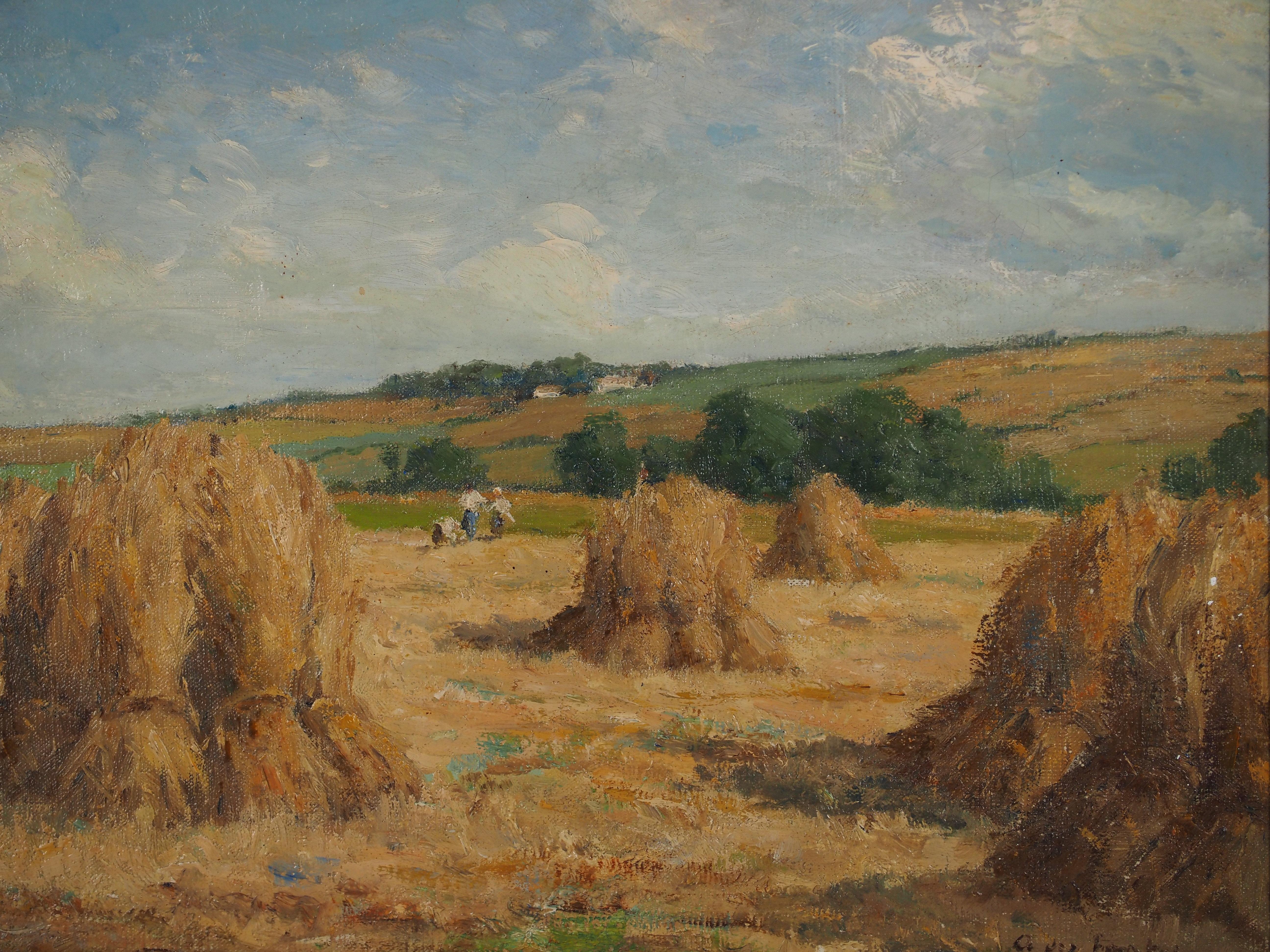 Scuola di Barbizon: Il raccolto - Olio originale su tela, firmato 1