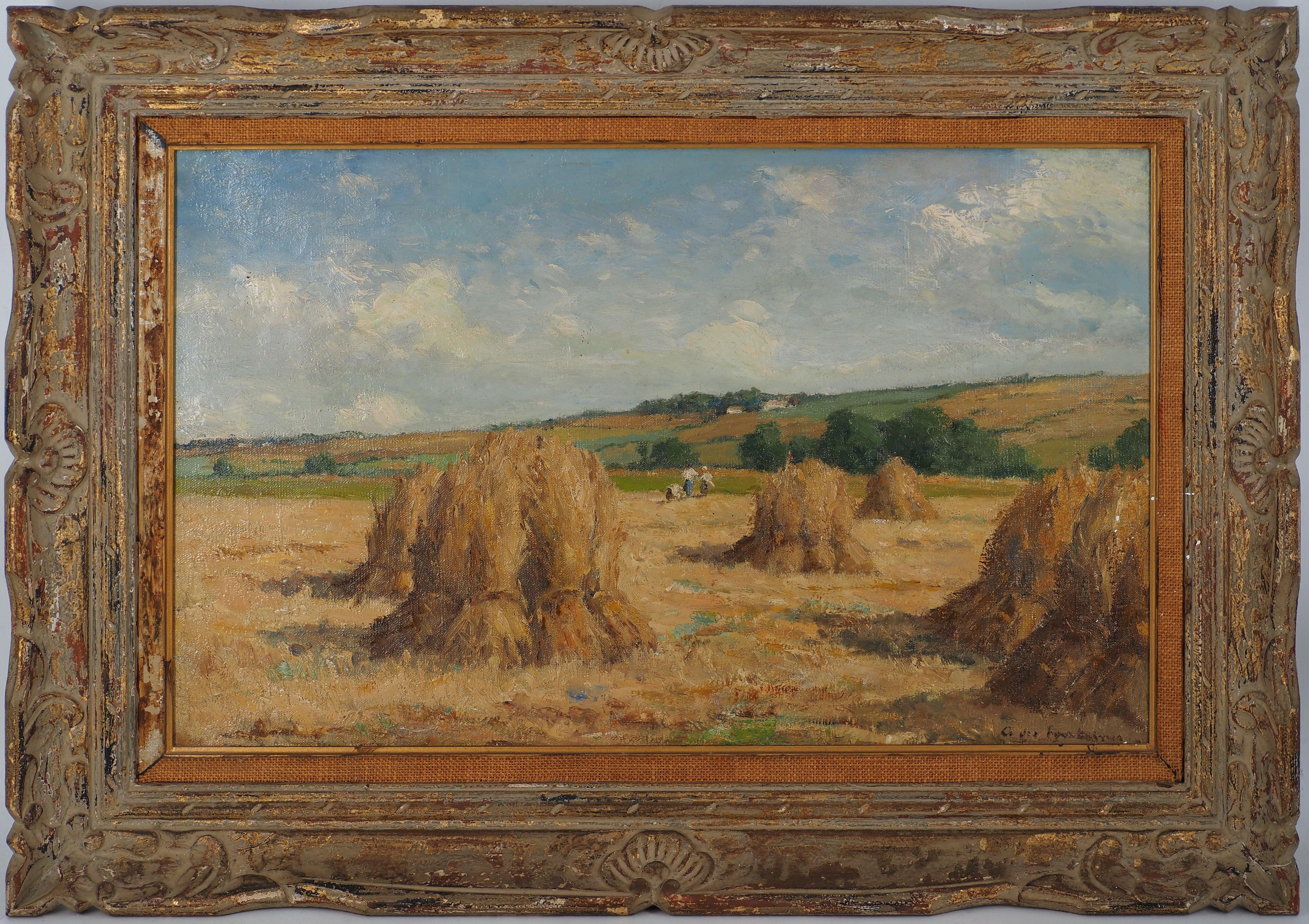 Landscape Painting di Andre Des Fontaines - Scuola di Barbizon: Il raccolto - Olio originale su tela, firmato