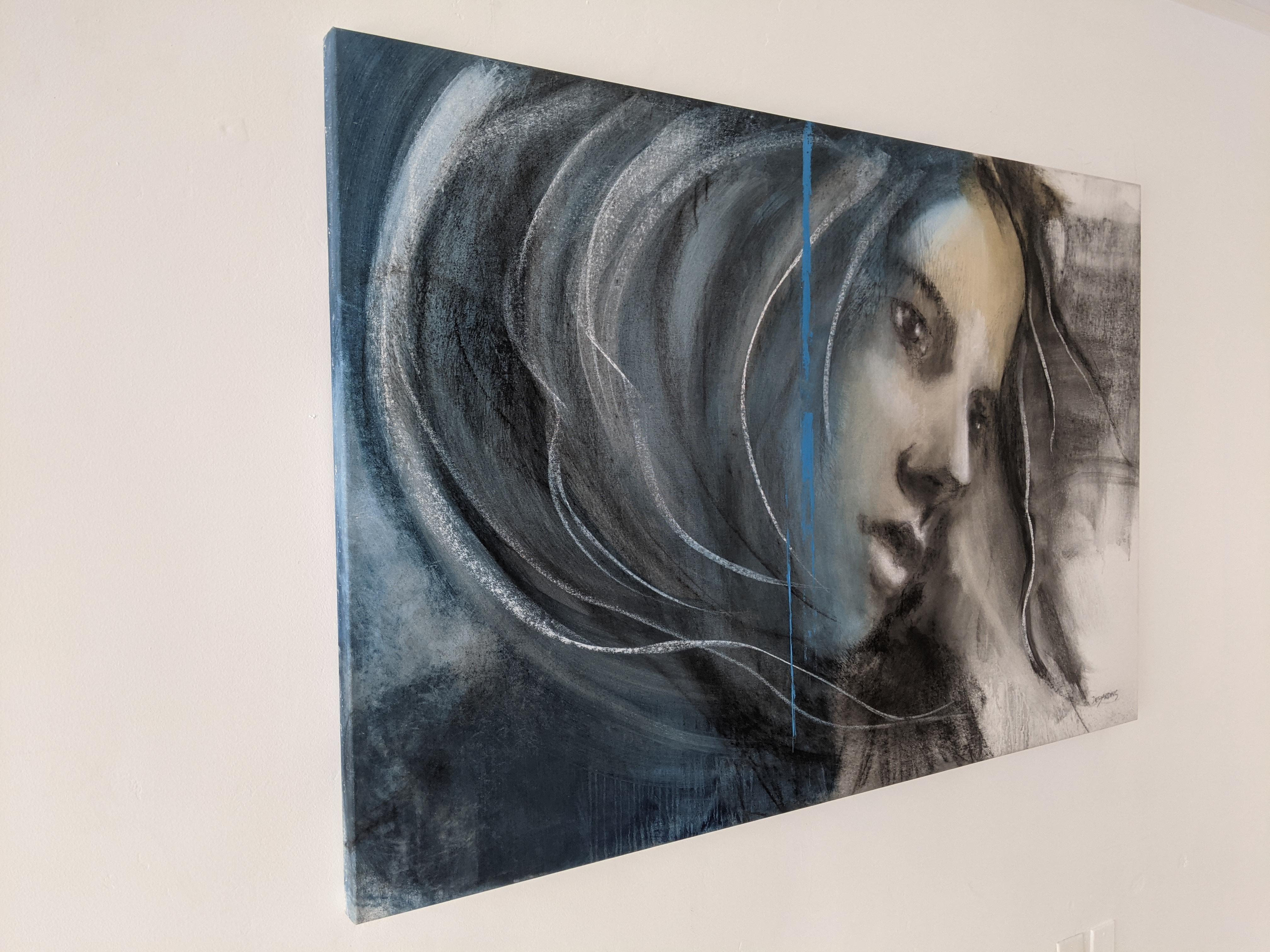 Painting, Blue, Grey, Faces, Expressive by Desjardins - Abstract Expressionist Mixed Media Art by Andre Desjardins