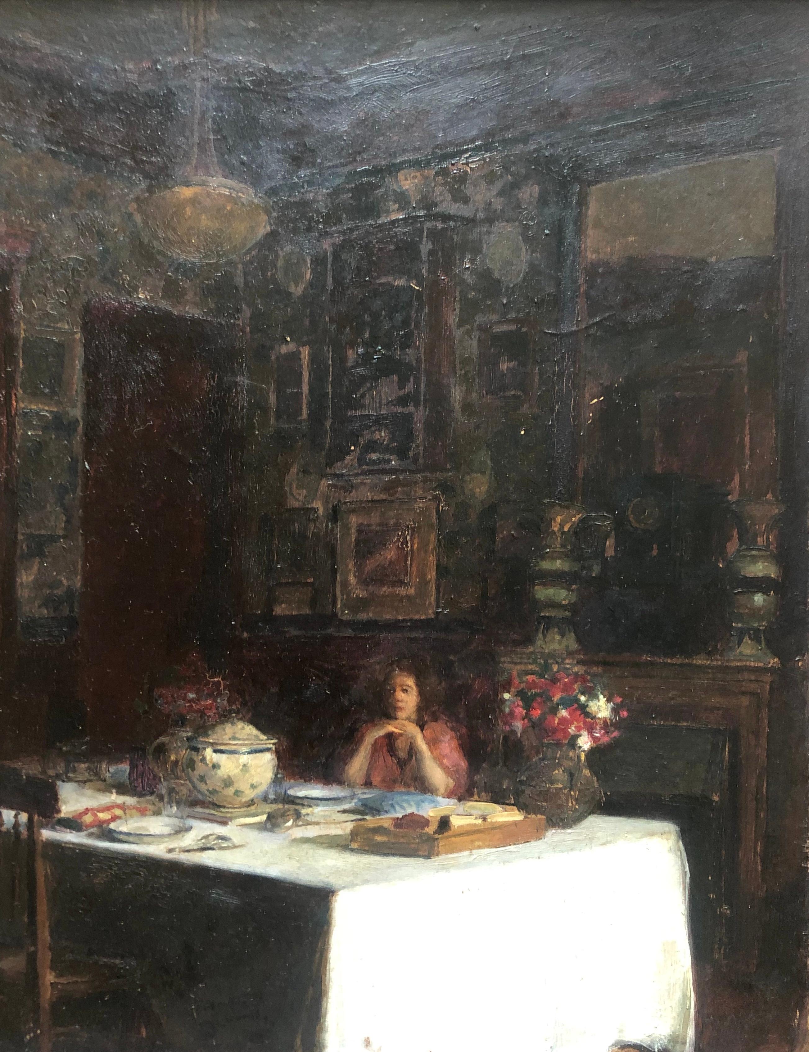 Andre Devambez, « l'Attente », attendu, scène d'intérieur - Painting de André Devambez