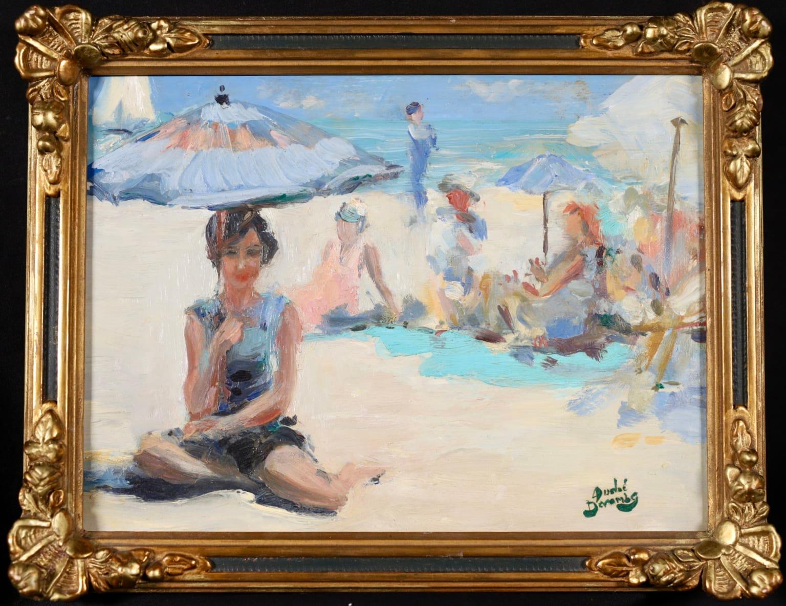 Baigneuse - Huile impressionniste, figures dans un paysage de plage par Andre Devambez - Painting de André Devambez
