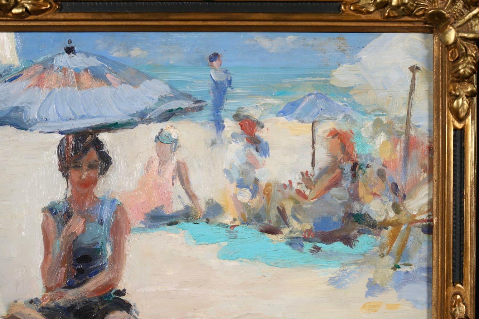 Baigneuse - Huile impressionniste, figures dans un paysage de plage par Andre Devambez - Impressionnisme Painting par André Devambez