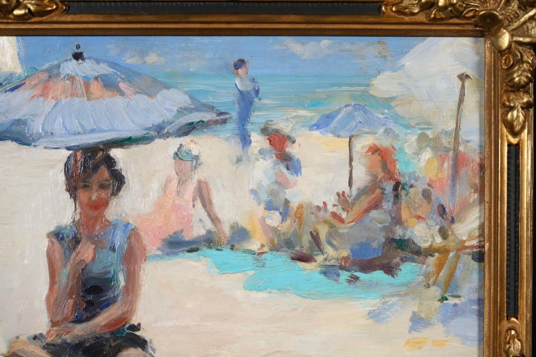 Bathers - Impressionist Oil - Figures in Beach Landscape by Andre Devambez - Gray Landscape Painting by André Devambez