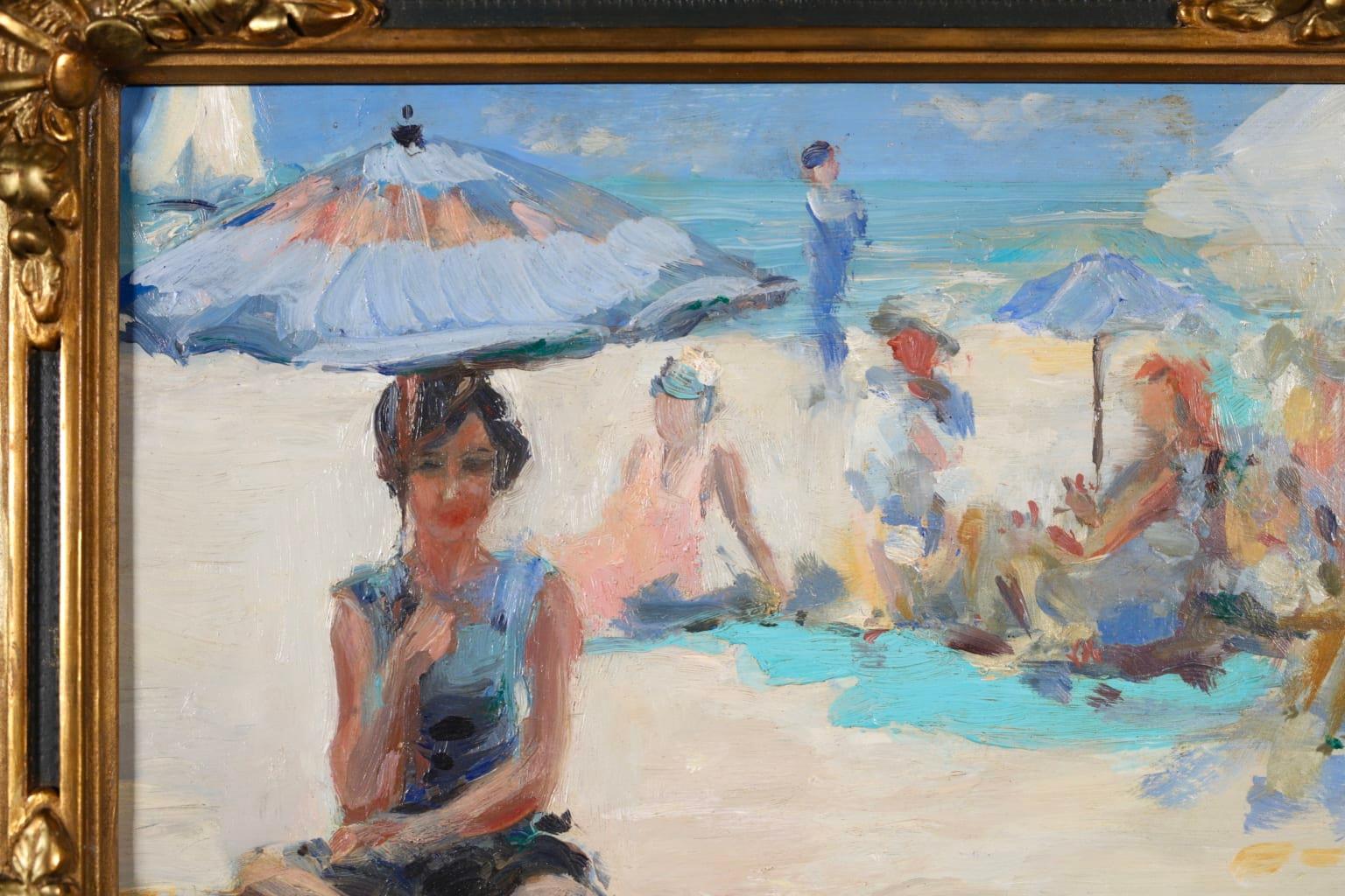 Baigneuse - Huile impressionniste, figures dans un paysage de plage par Andre Devambez - Gris Landscape Painting par André Devambez