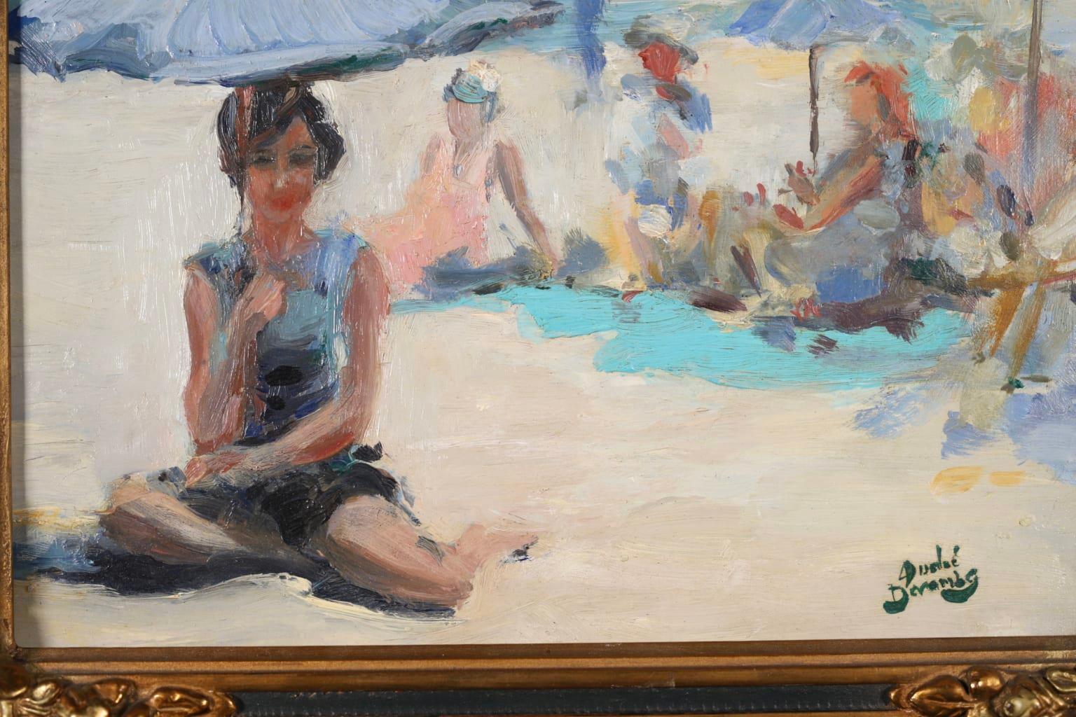 Baigneuse - Huile impressionniste, figures dans un paysage de plage par Andre Devambez 1