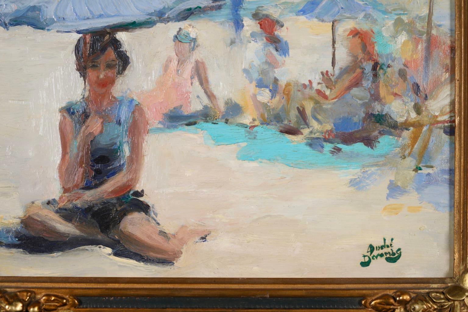 Charming oil on board figures in coastal landscape circa 1920 by French impressionist painter Andre Devambez. The piece depicts women relaxing on a white sand beach on a beautiful summer's day, the crystal blue sea visible in the distance. A