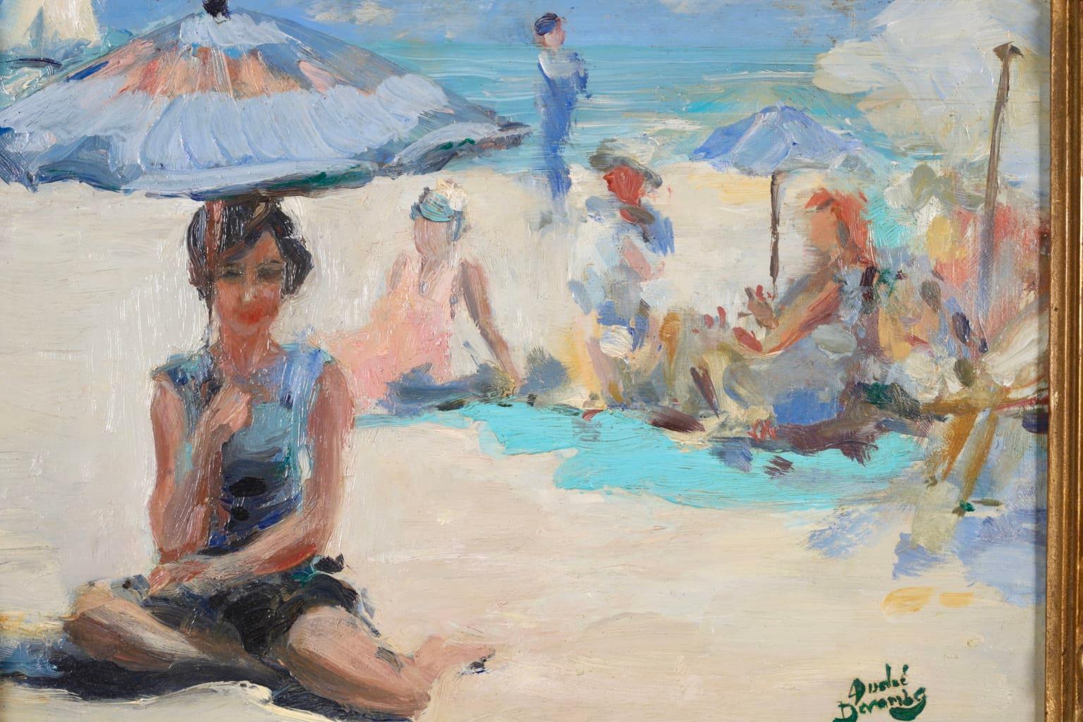 Baigneuse - Huile impressionniste, figures dans un paysage de plage par Andre Devambez 3