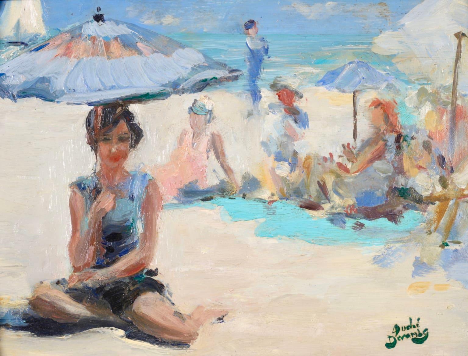 Landscape Painting André Devambez - Baigneuse - Huile impressionniste, figures dans un paysage de plage par Andre Devambez
