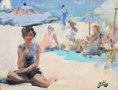 Baigneuse – Impressionistisches Ölgemälde, Figuren in Strandlandschaft von Andre Devambez