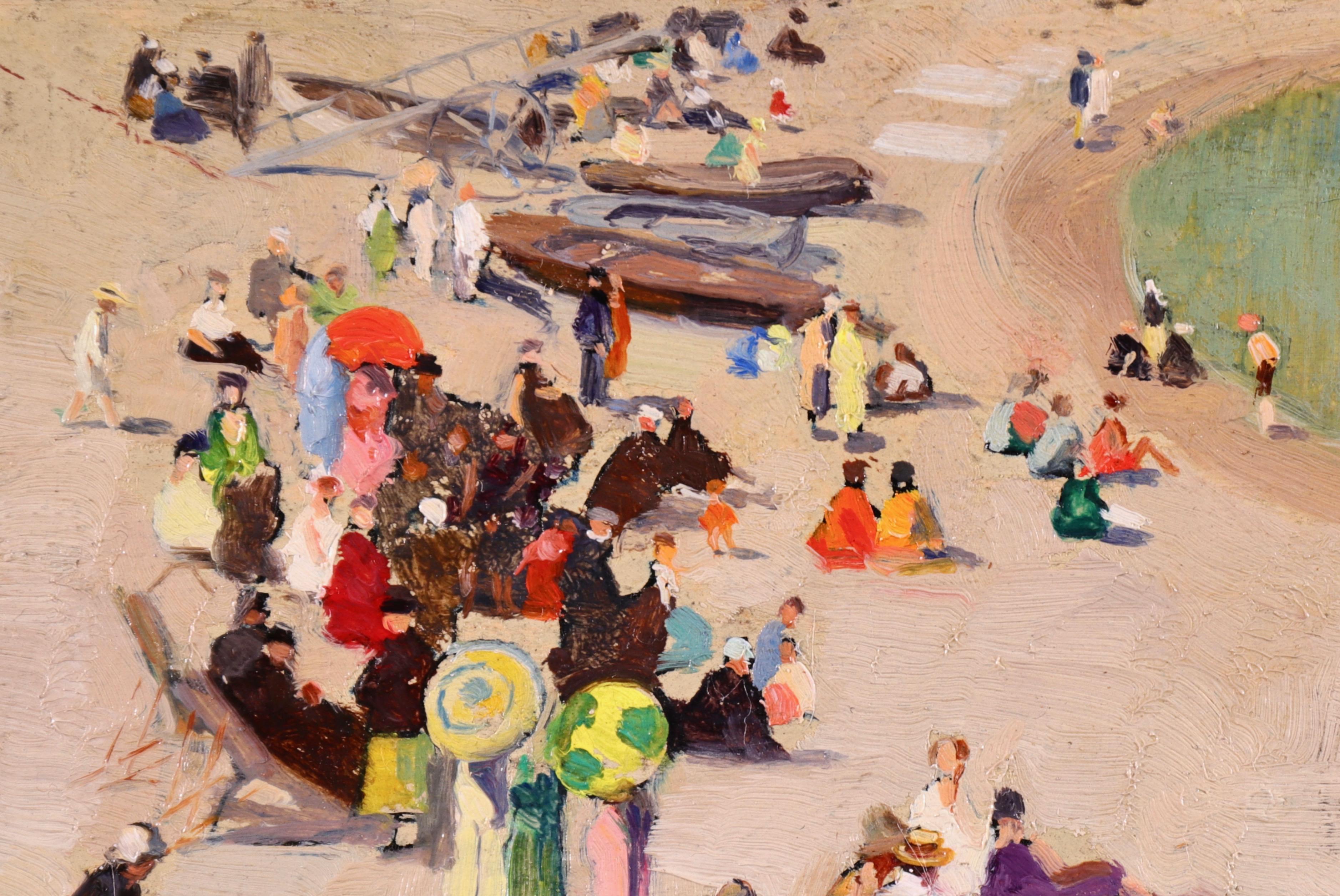 Baigneurs sur la plage - Figurines à l'huile françaises du XIXe siècle dans un paysage par Devambez - Painting de André Devambez