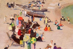 Baigneurs sur la plage - Huile française du 19e siècle Figures dans le paysage par Devambez