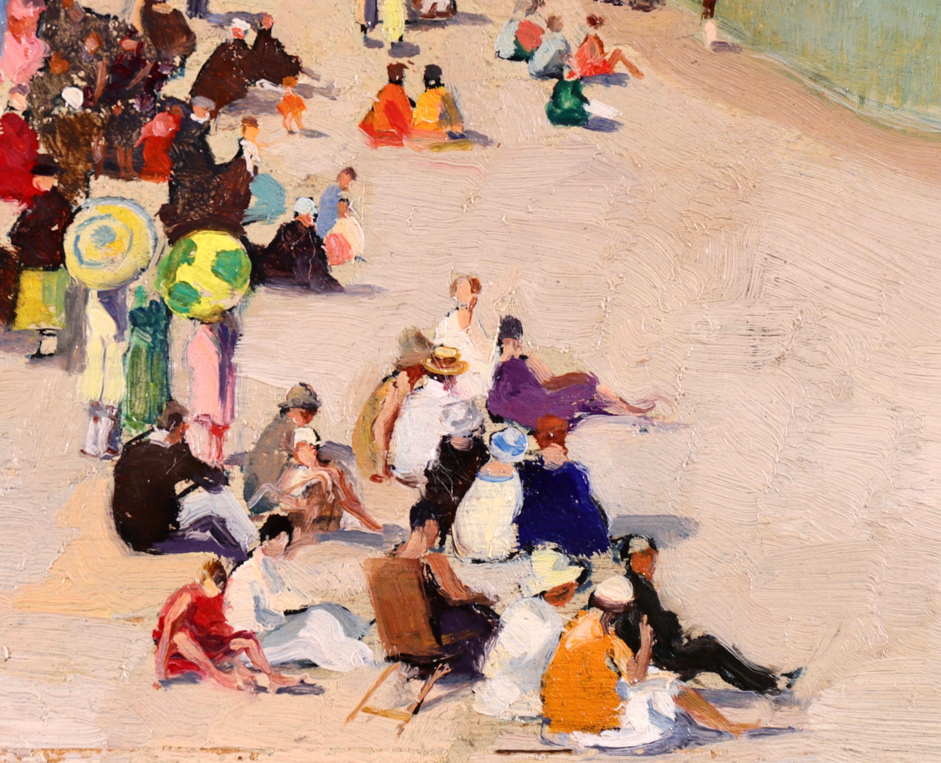 A distinctive 19th century piece depicting bathers on the beach full of colour and vibrancy from this popular artist. Oil on panel signed lower left. 

André Victor Édouard Devambez studied with the portrait painter Benjamin-Constant and received