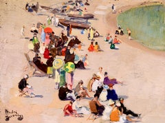 Bathers on the Beach - 19th Century French Oil Figures in Landscape by Devambez