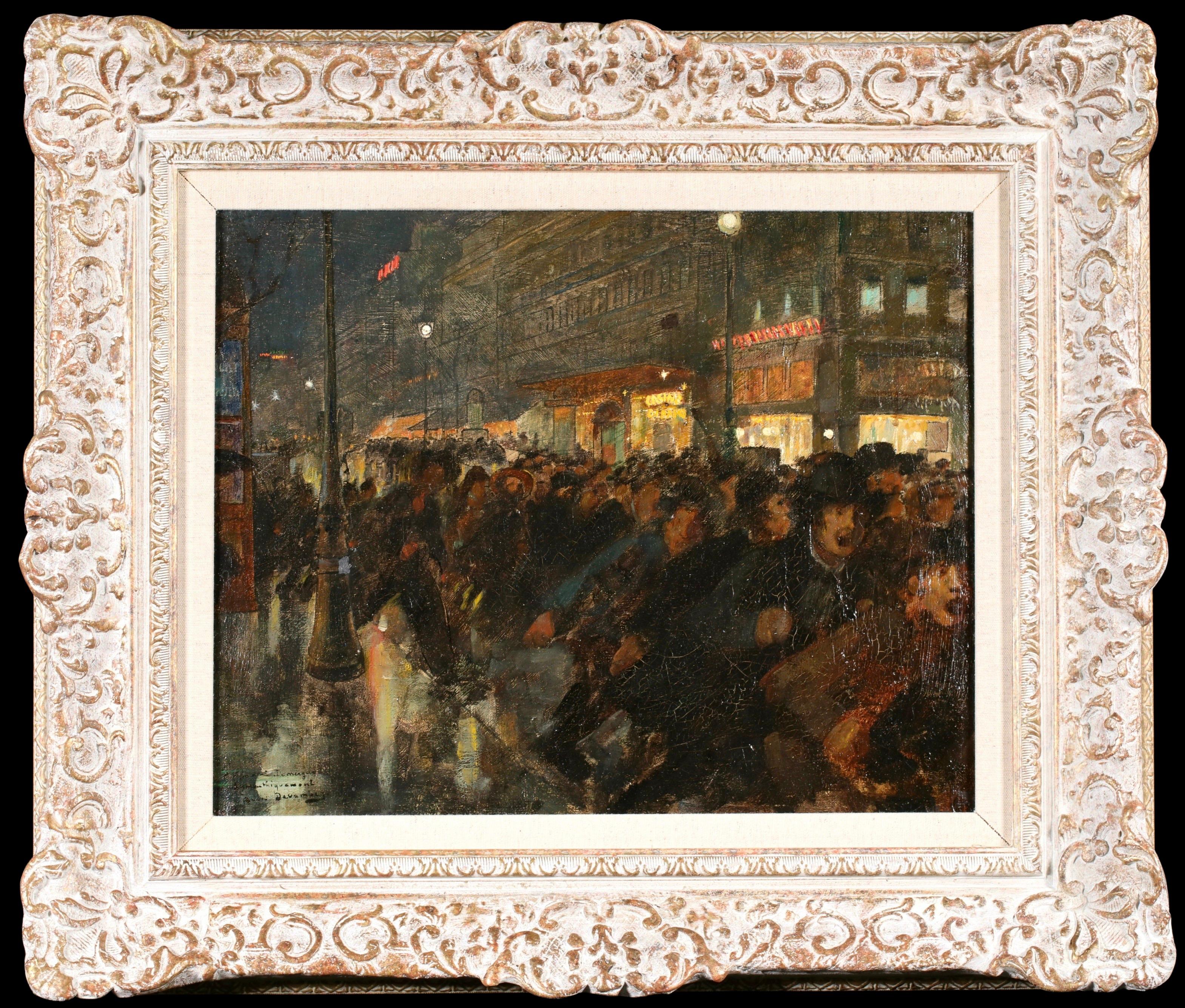 André Devambez Landscape Painting - Demonstrators - Impressionist Figures in Cityscape Oil by Andre Devambez