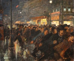 Demonstrateurs - Huile impressionniste, figures dans le paysage urbain d'André Devambez