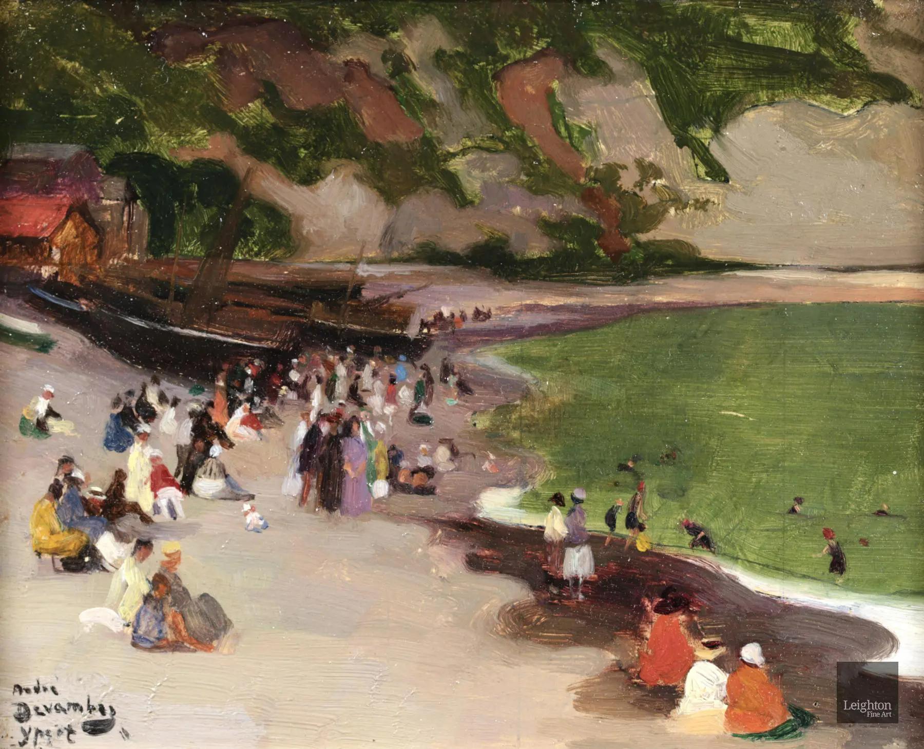 Huile sur panneau signée et titrée, personnages dans un paysage vers 1920 par le peintre impressionniste français Andre Devambez. L'œuvre représente des couples et des familles profitant d'une journée à la plage d'Yport, dans la région de Normandie,