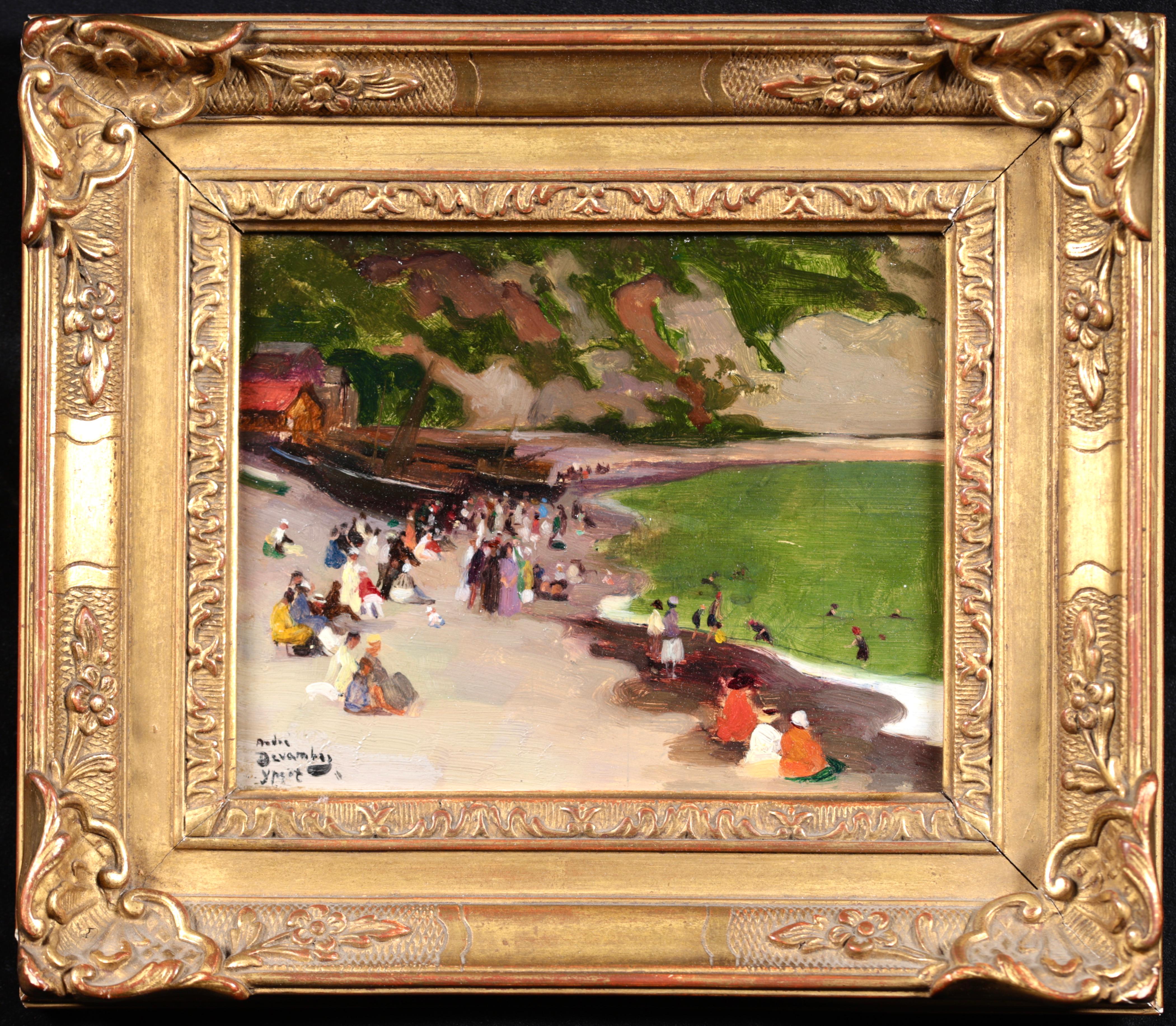 Figuren am Strand – Impressionistisches Ölgemälde, Küstenlandschaft von Andre Devambez (Impressionismus), Painting, von André Devambez