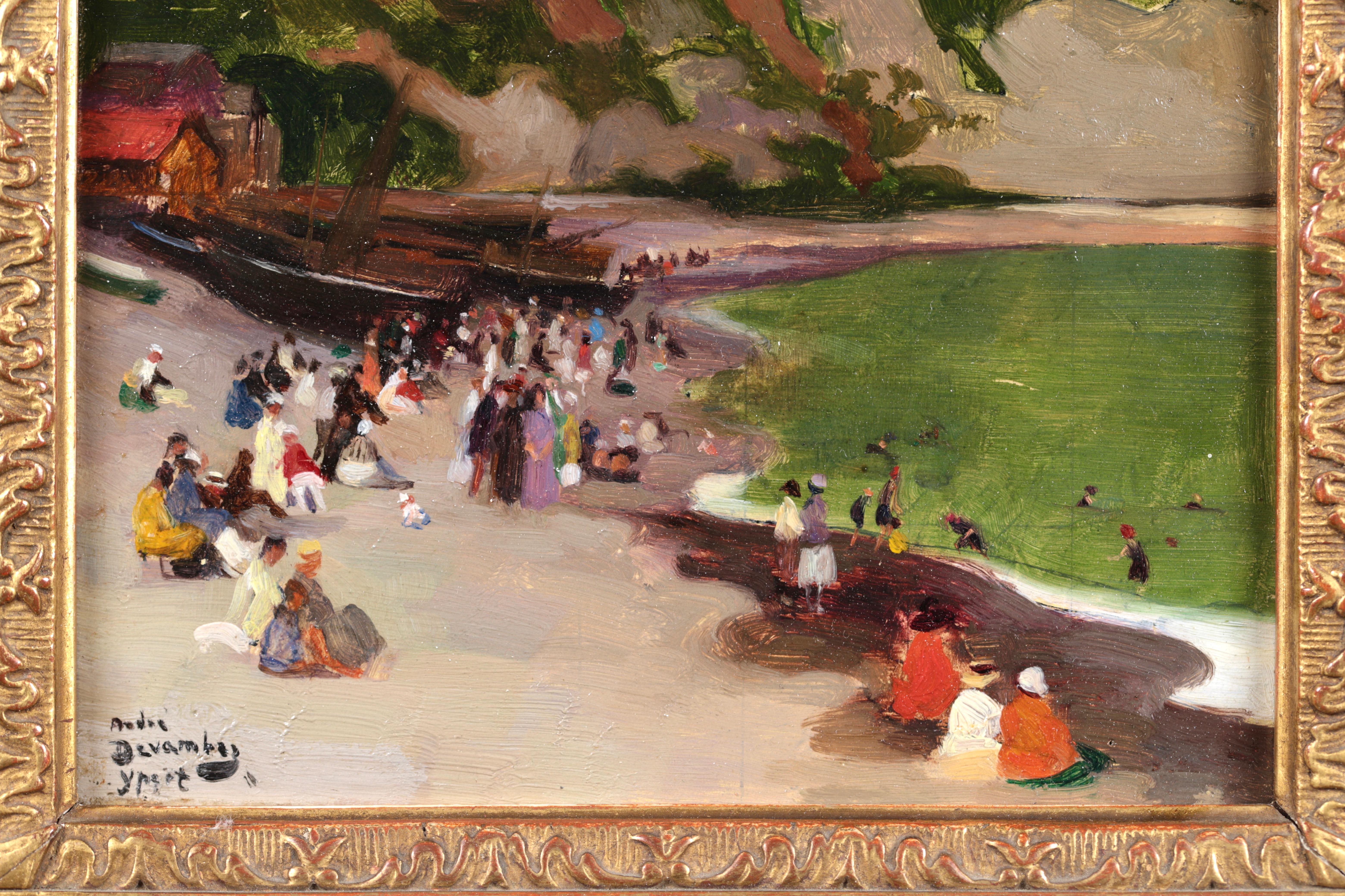 Signiert und betitelt Öl auf Platte Figuren in der Landschaft um 1920 von Französisch impressionistischen Maler Andre Devambez. Das Werk zeigt Paare und Familien, die einen Tag am Strand von Yport in der nordfranzösischen Region Normandie genießen.