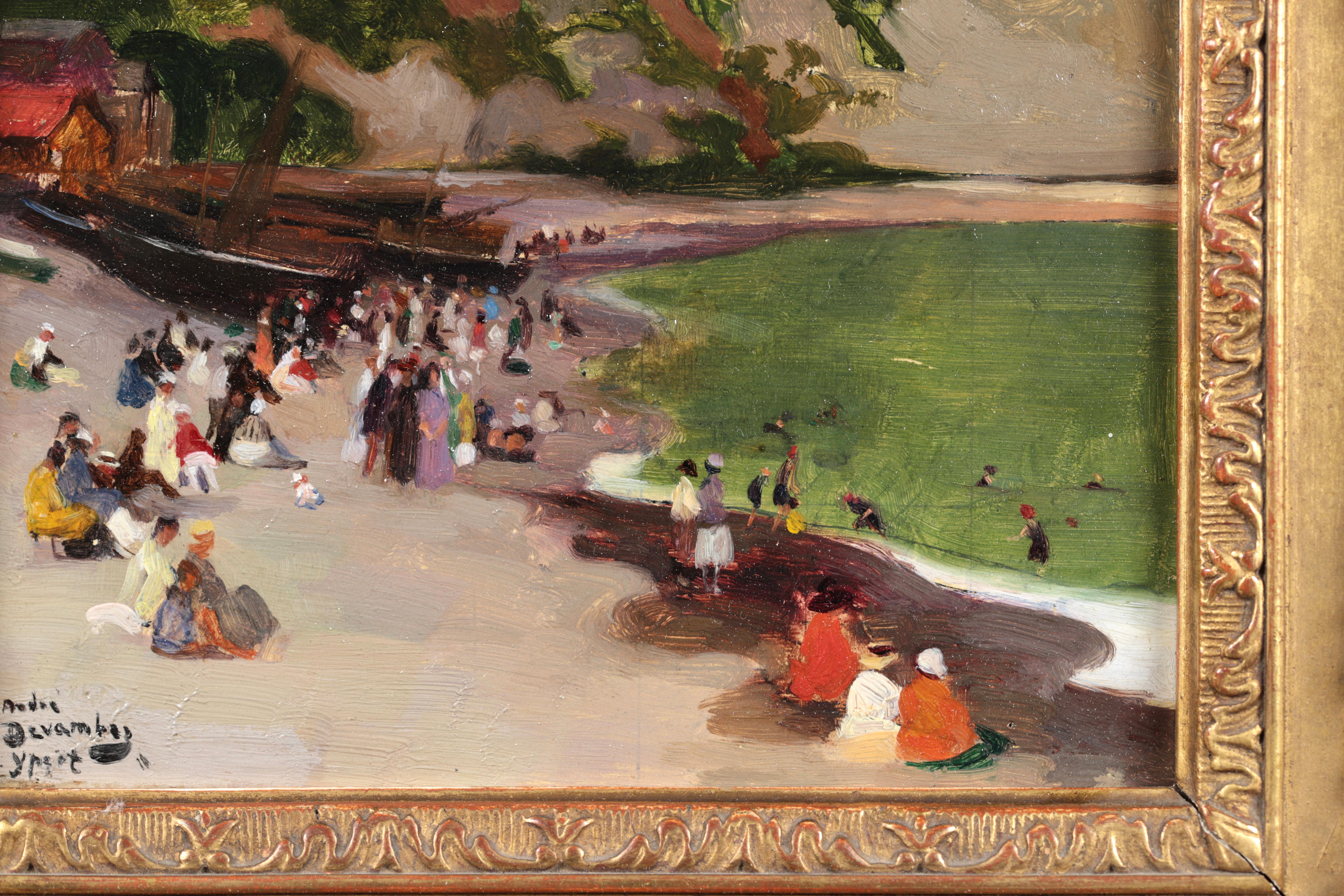 Signed and titled oil on panel figures in landscape circa 1920 by French impressionist painter Andre Devambez. The piece depicts couples and families enjoying a day at the beach at Yport in the Normandy region of Northern France. 

Signature:
Signed