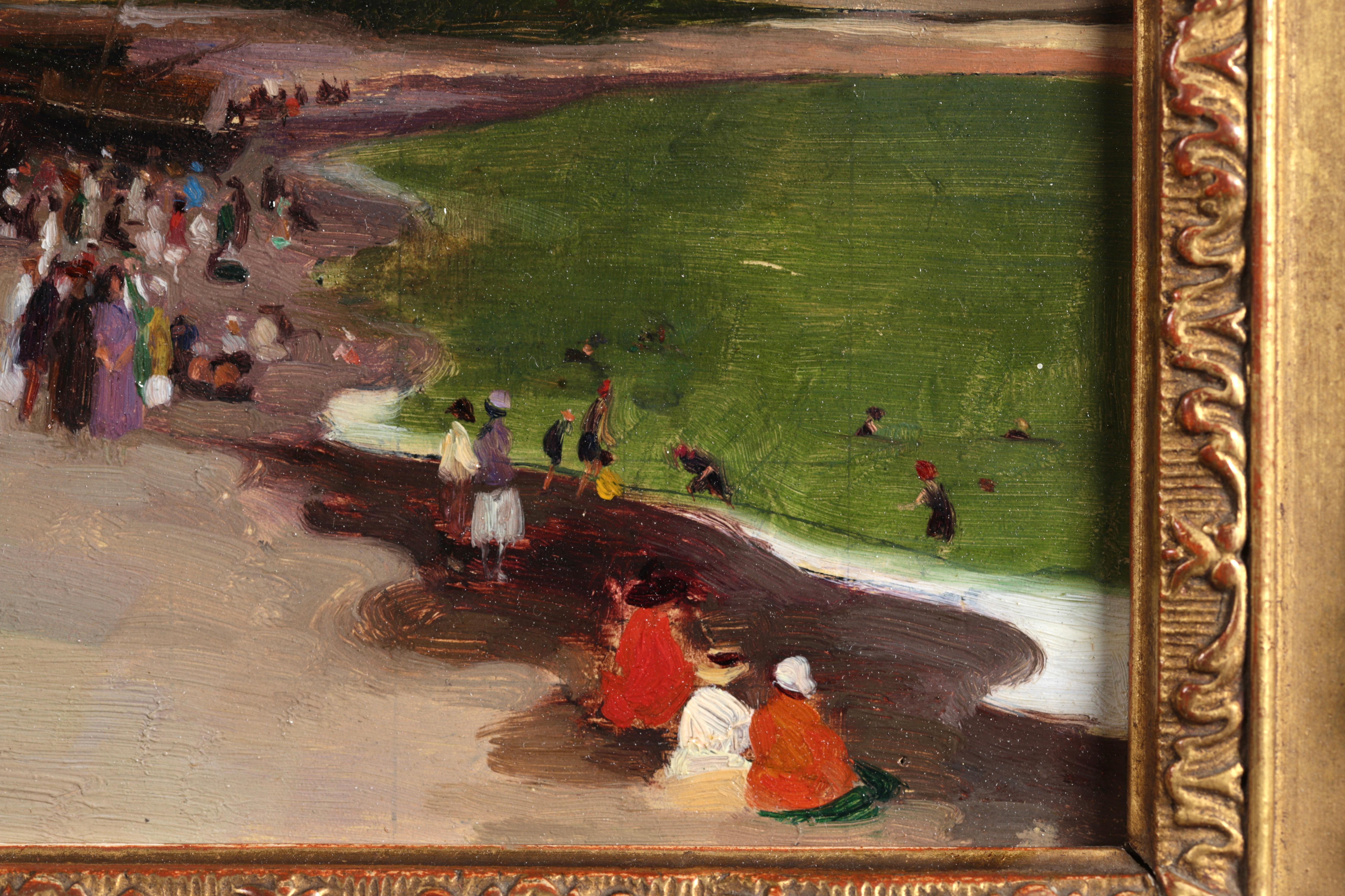 Figures on the Beach - Huile impressionniste, paysage côtier d'André Devambez en vente 4