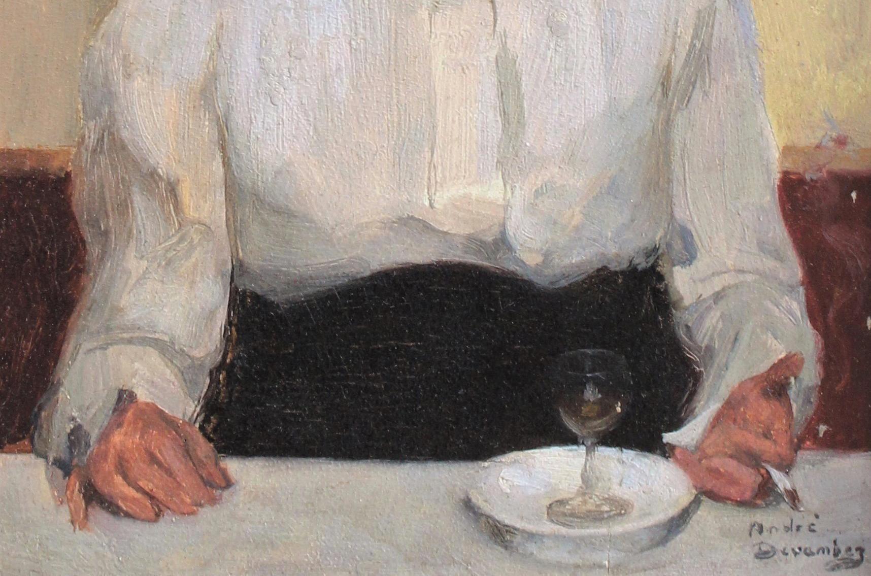 Portrait d'une femme au bistro avec un verre à absinthe et une cigarette - Painting de André Devambez