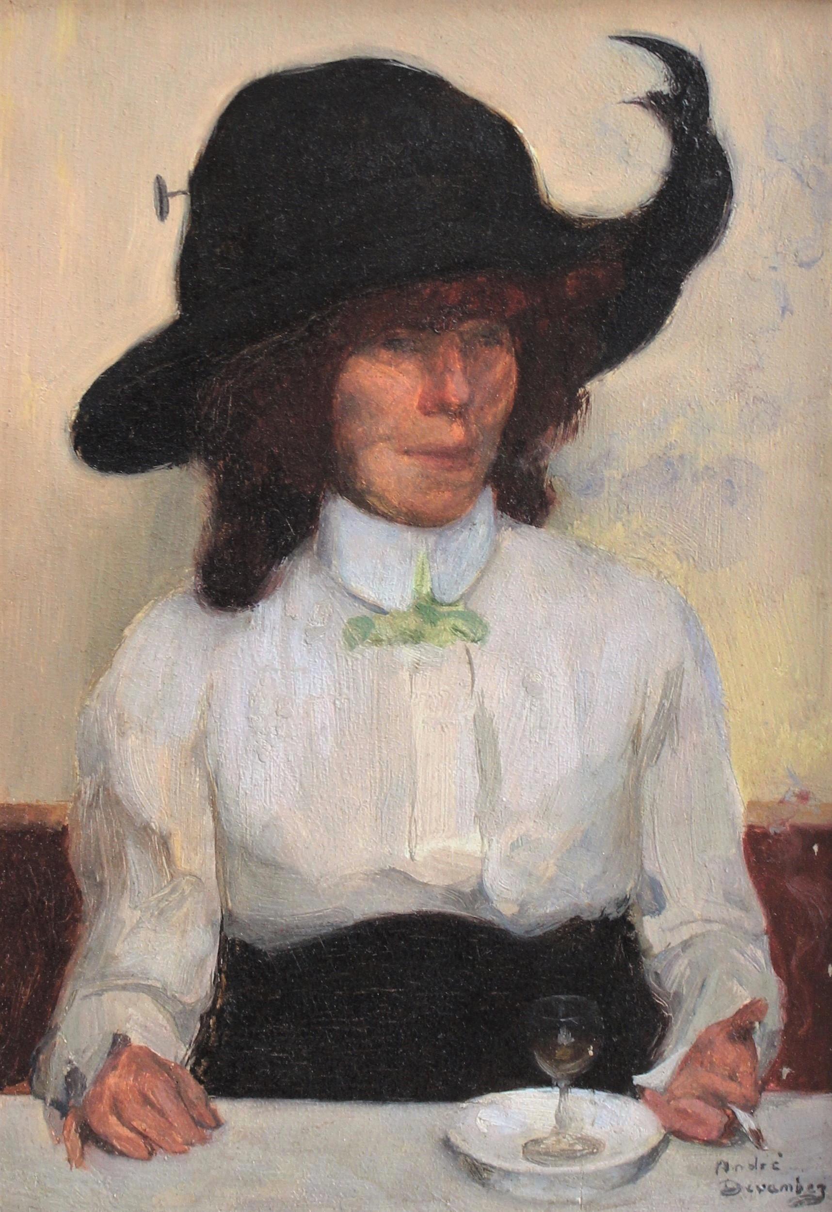 André Devambez Figurative Painting – Porträt einer Frau im Bistro mit Absinthe-Glas und Zigaretten