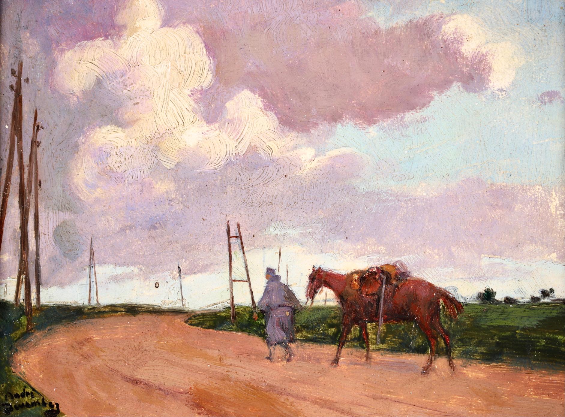 André Devambez Landscape Painting - The Great War - Impressionist Oil, Figure & Horse in Landscape by Andre Devambez