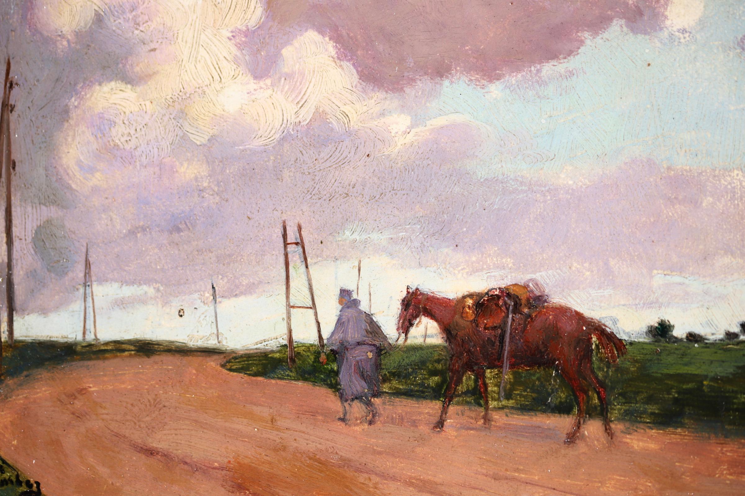 Der Große Krieg – Impressionistisches Ölgemälde, Figur und Pferd in Landschaft von Andre Devambez (Beige), Landscape Painting, von André Devambez