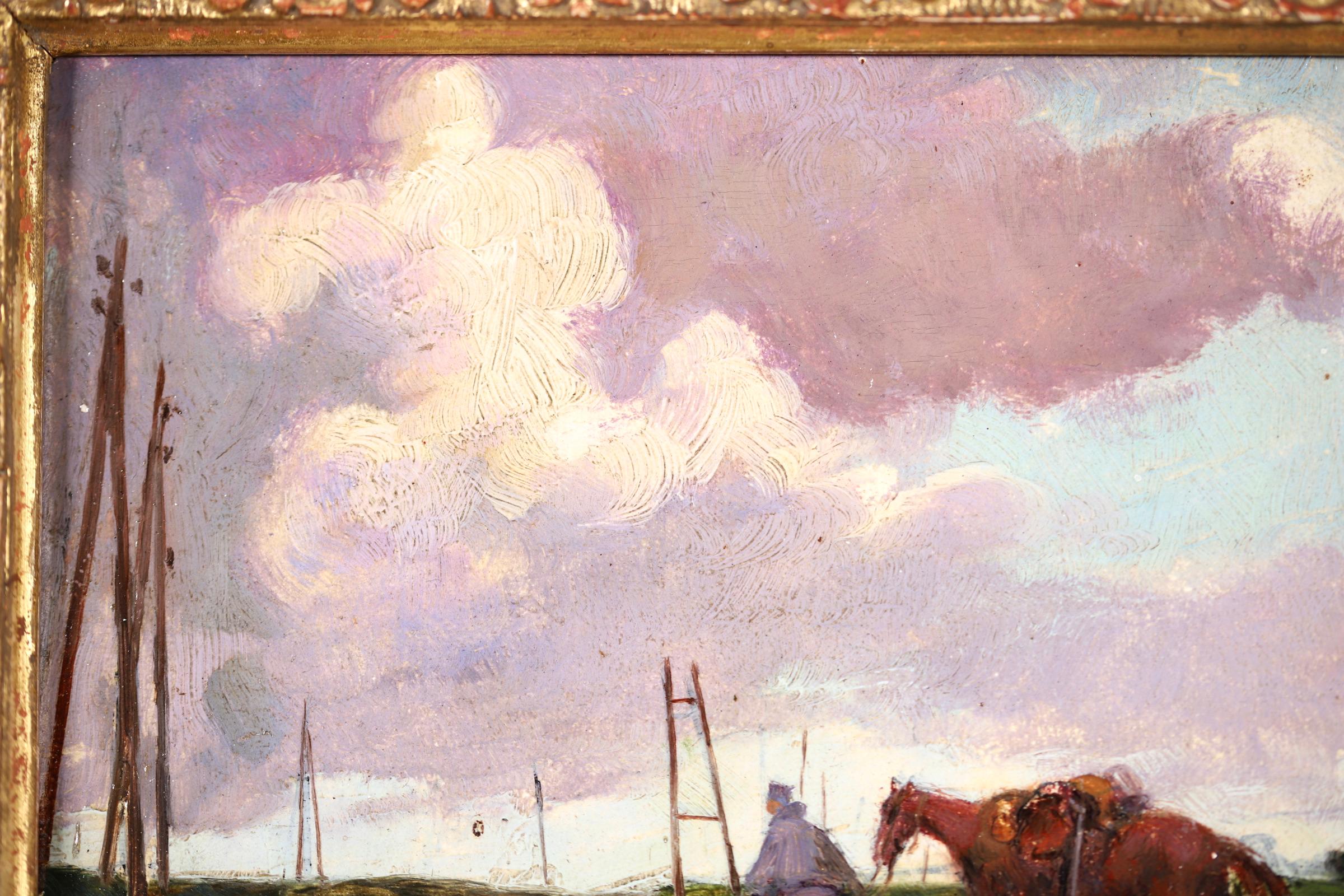 Magnifique huile sur panneau vers 1920 du peintre impressionniste français Andre Devambez. L'œuvre représente un soldat conduisant son cheval le long d'un chemin de terre pendant la Grande Guerre. Une pièce simple mais poignante et magnifiquement