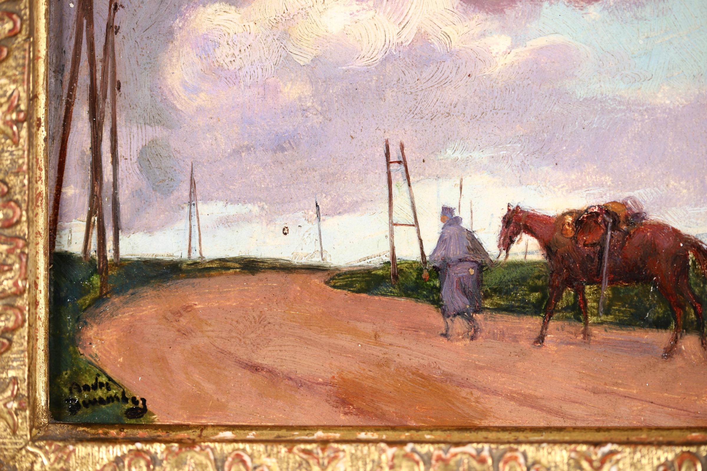 Wonderful oil on panel circa 1920 by French impressionist painter Andre Devambez. The work depicts a soldier leading his horse along a dirt track during The Great War. A simple but poignant piece and beautifully brushed.

Signature:
Signed lower