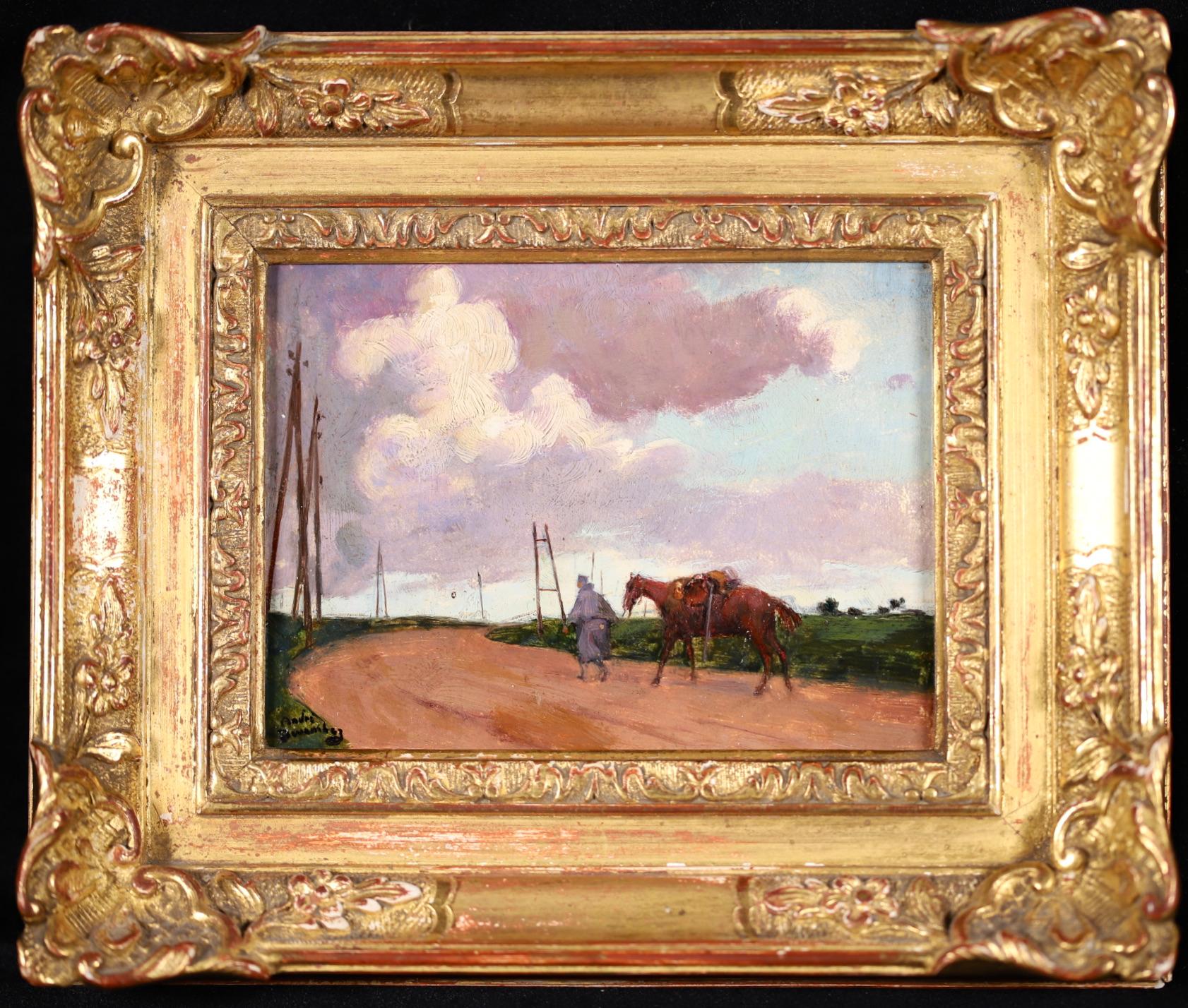 The Great War - Impressionist Oil, Figure & Horse in Landscape by Andre Devambez - Painting by André Devambez