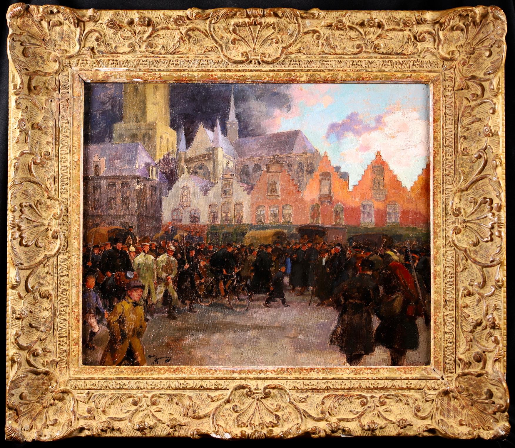 Ypres - 1915 - Impressionist Oil, Figures in Town Landscape by Andre Devambez - Painting by André Devambez