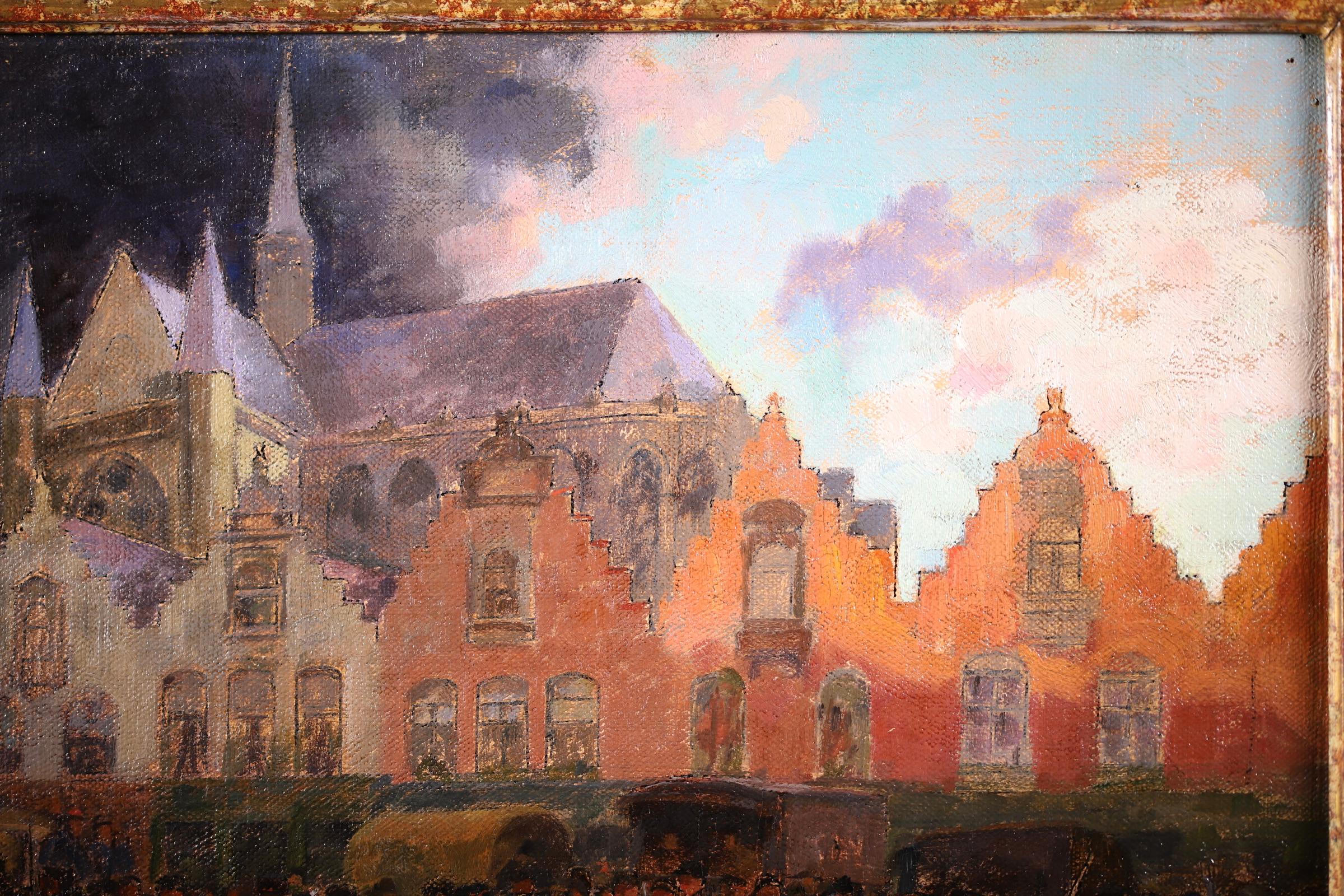 Peinture à l'huile impressionniste Figures in Town Landscape d'André Devambez, Ypres, 1915 4