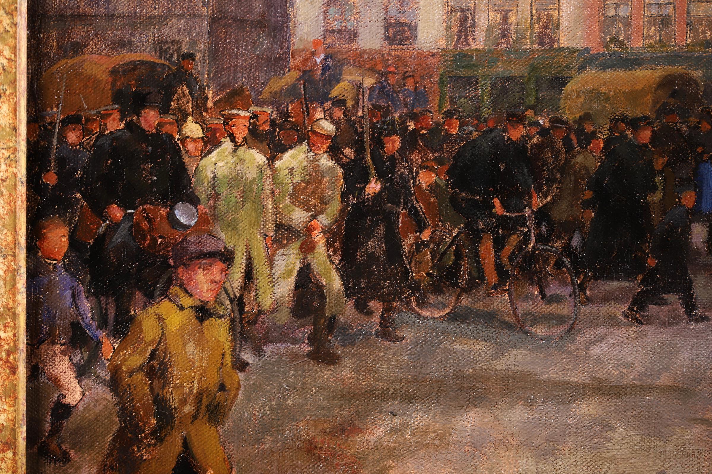 An historical and wonderfully painted oil on canvas by French impressionist painter and illustrator Andre Devambez. This work depicts the subject of soldiers rallying in Ypres and heading off to the front line. Devambez volunteered for combat in