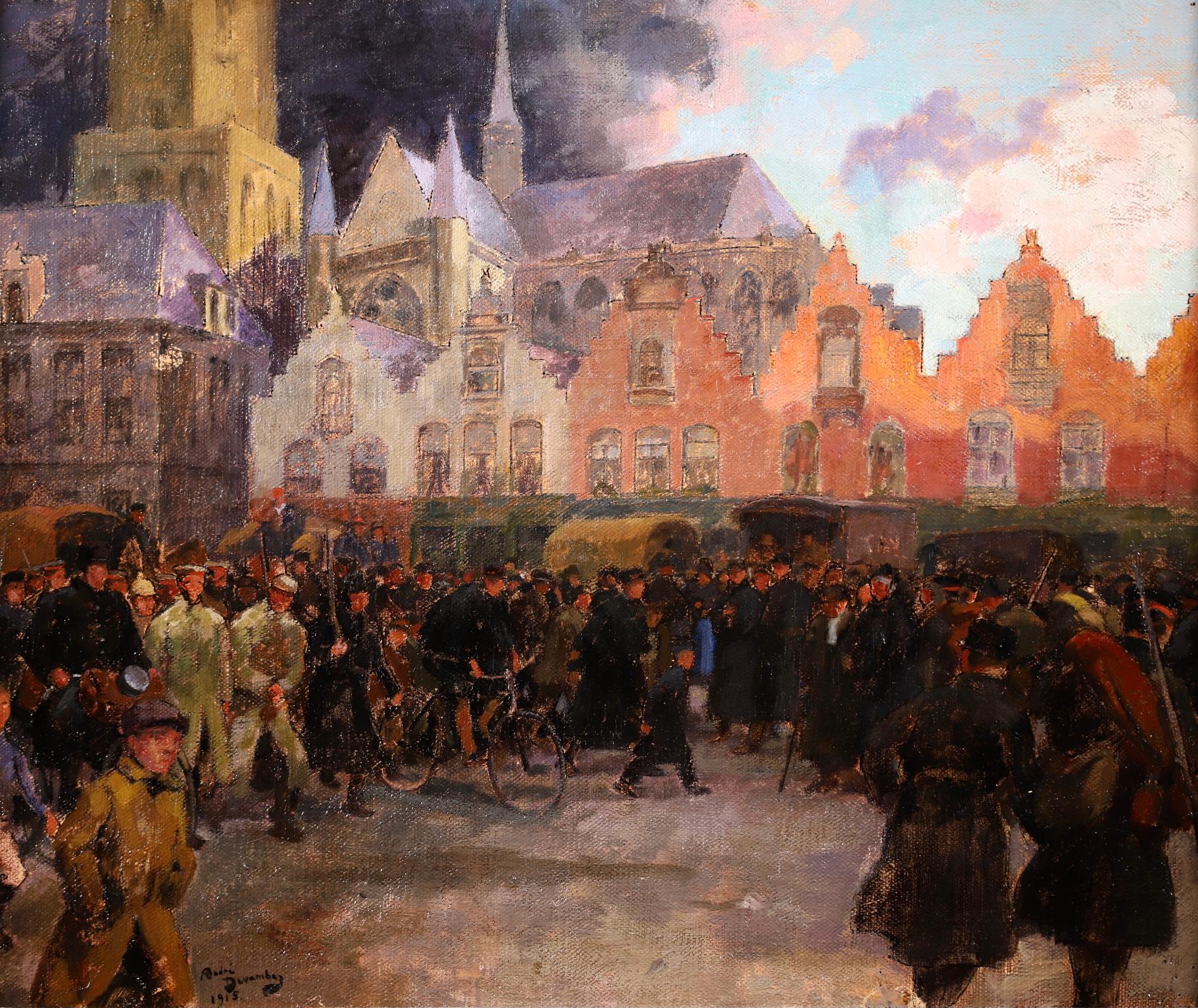 Une huile sur toile historique et merveilleusement peinte par le peintre et illustrateur impressionniste français André Devambez. Cette œuvre représente le sujet des soldats se rassemblant à Ypres et se dirigeant vers la ligne de front. Devambez