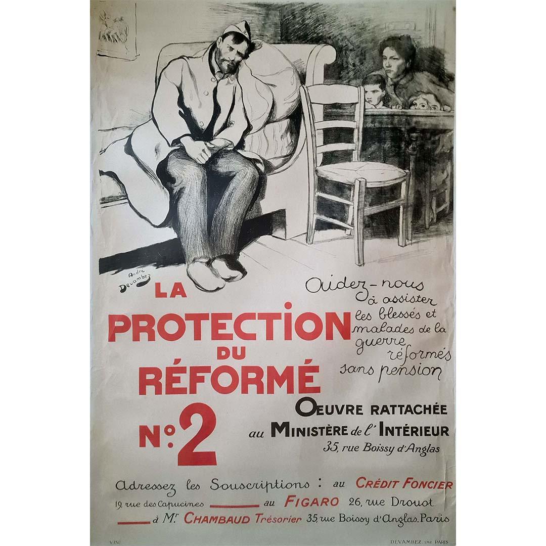 L'affiche originale d'André Devambez, "La protection du réformé Nº2 - Aidez-nous à assister les blessés et malades de la guerre - Réformés sans pension", revêt une importance historique considérable en tant que représentation des défis rencontrés