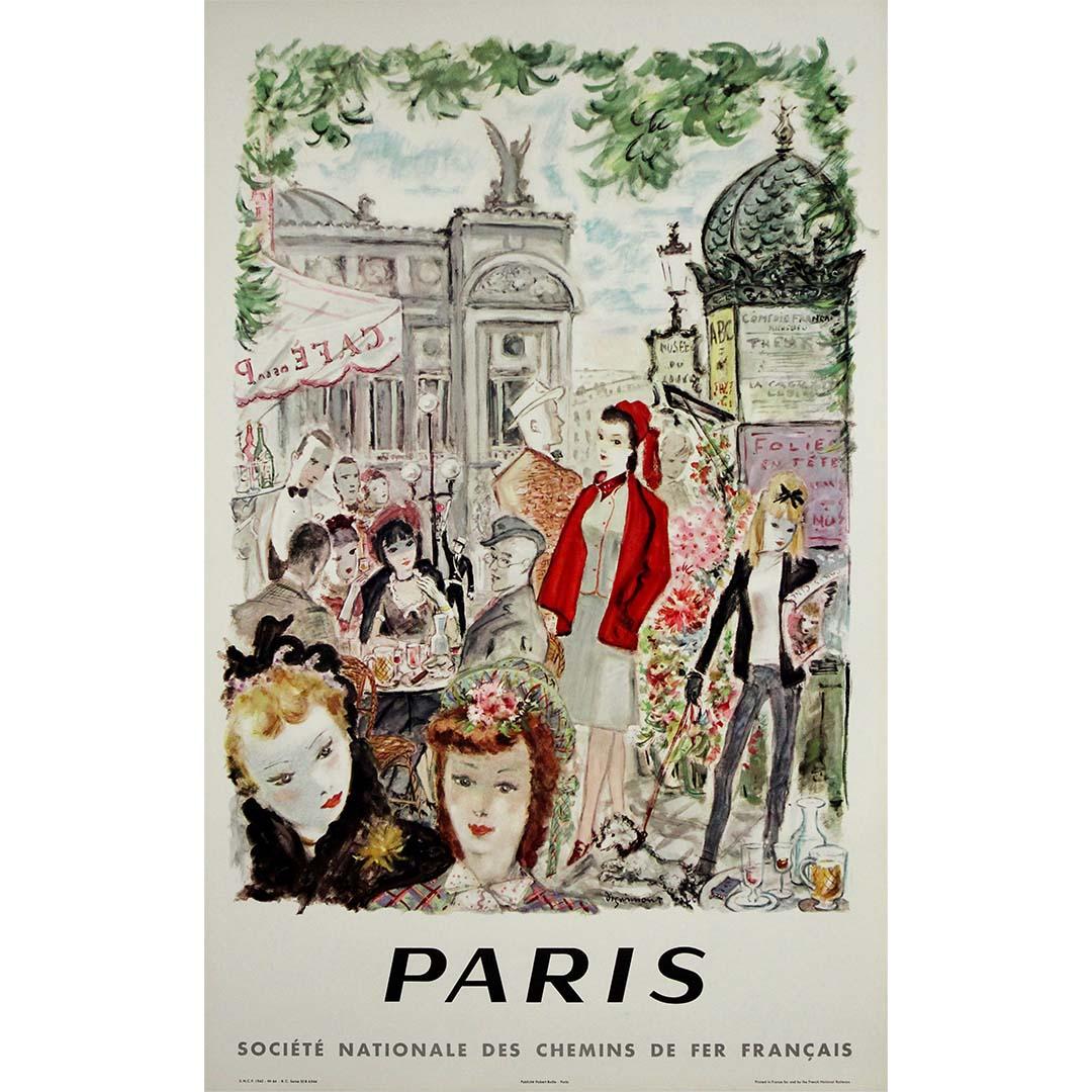 Dieses charmante Original-Reiseplakat von André Dignimont aus dem Jahr 1962 wurde von der SNCF (Société Nationale des Chemins de Fer Français) in Auftrag gegeben, um die Pariser Eleganz zu feiern und die Opéra Garnier und das berühmte Café de la