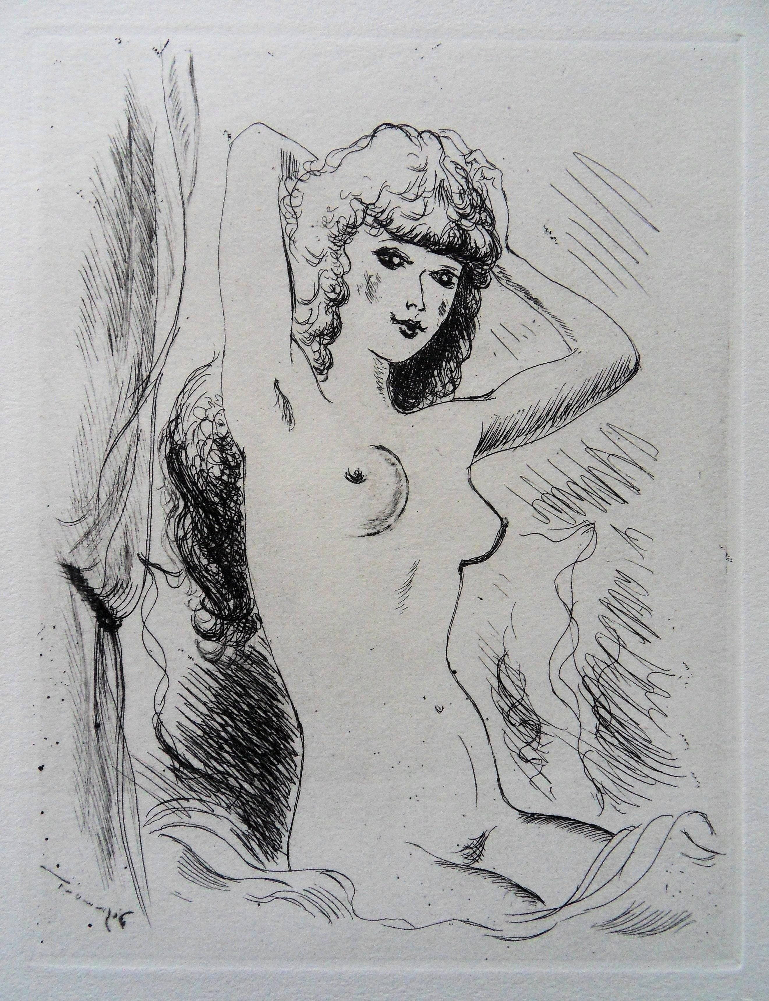 André Dignimont Figurative Print - Nude Styling Herself - Original etching, 1943