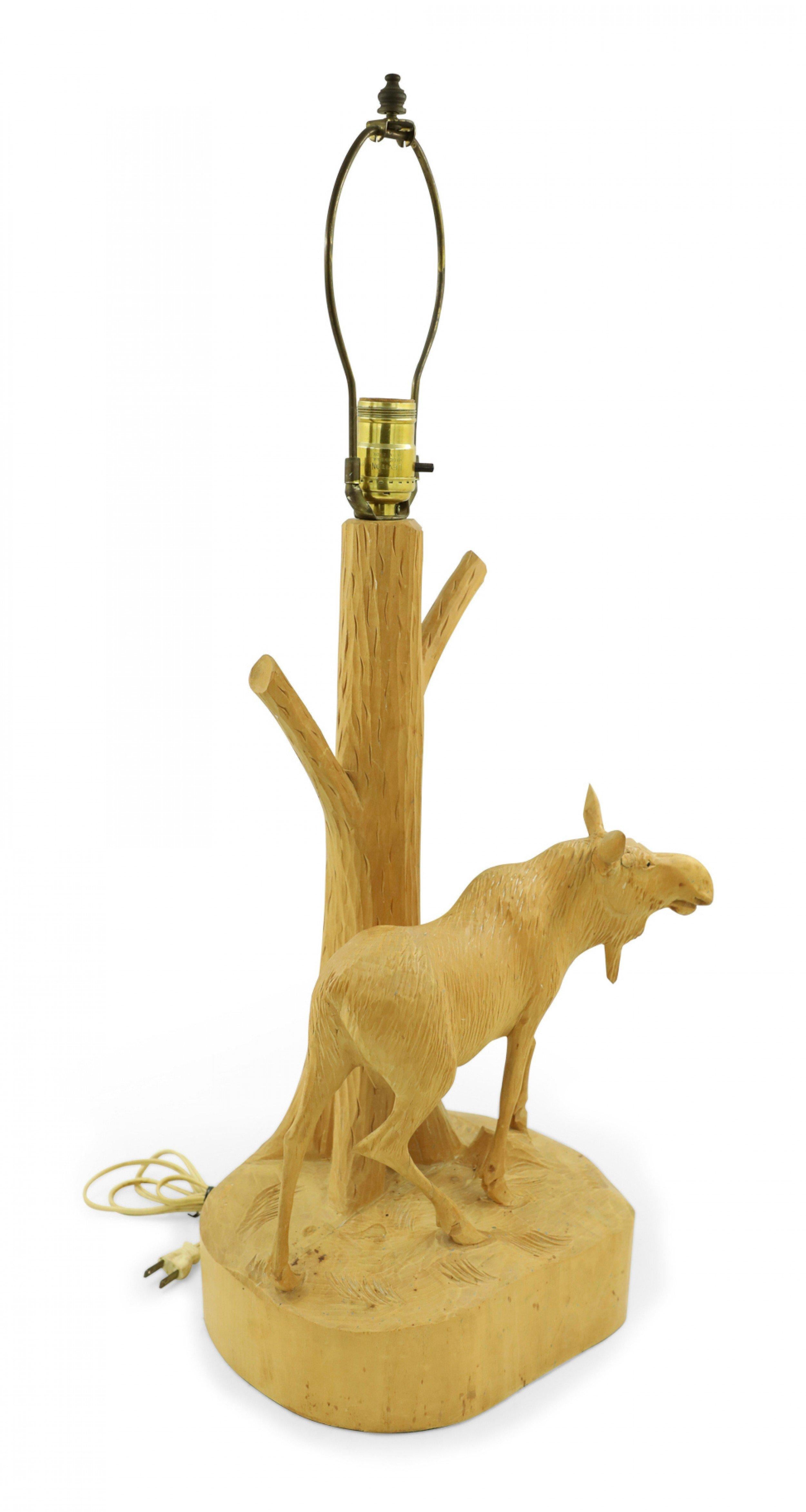 Wood Andre Dube Mid-Century Rustic Canadian Carved Moose Form Table Lamp