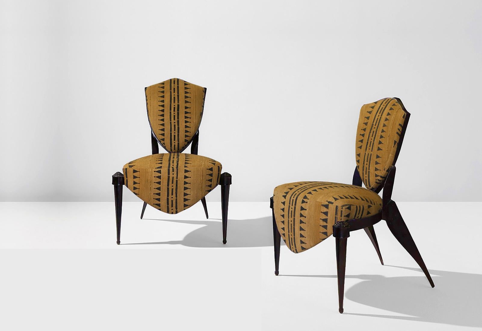 European André Dubreuil Pair of Trevise Chairs with Ashanti Tapestry