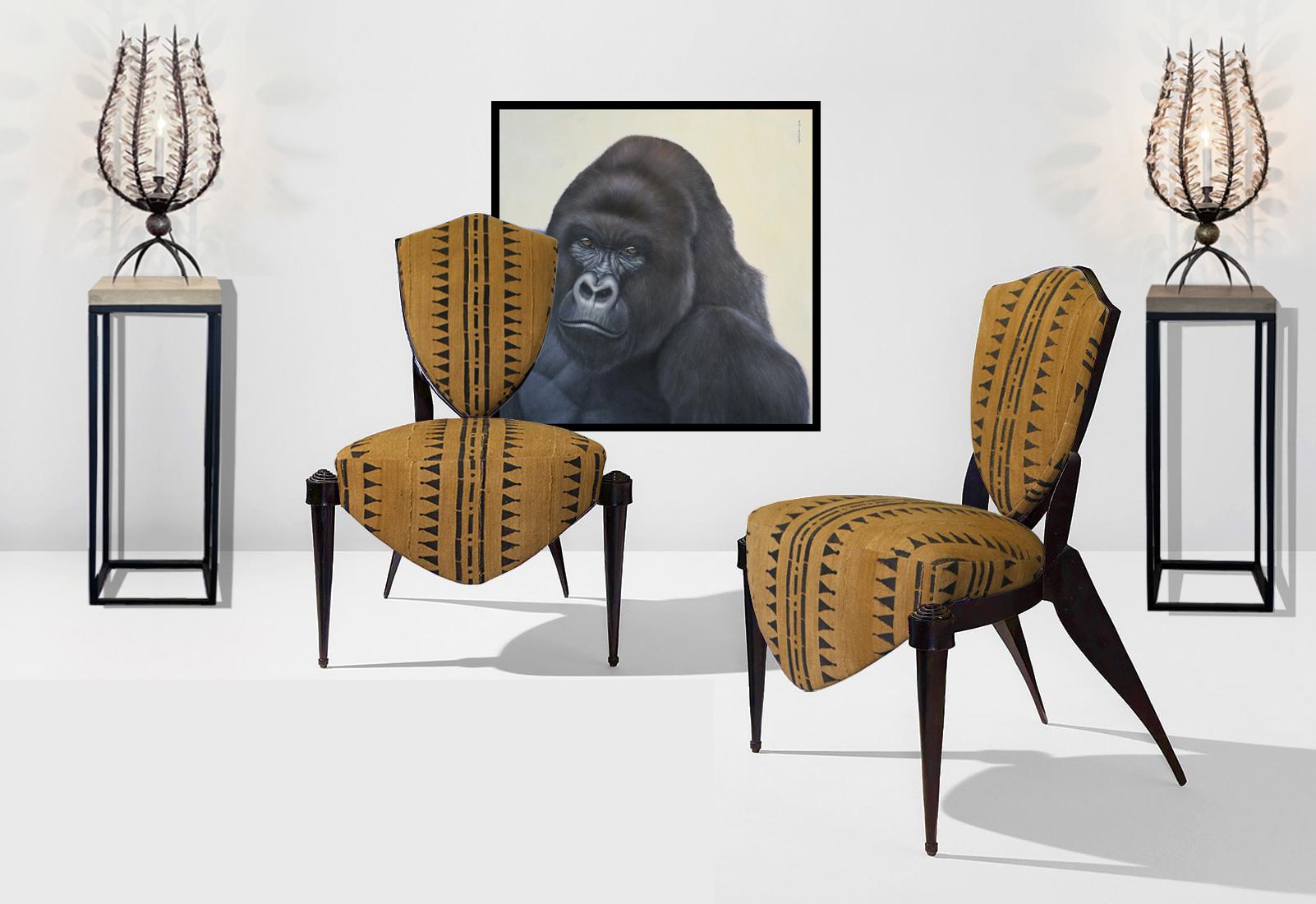 Late 20th Century André Dubreuil Pair of Trevise Chairs with Ashanti Tapestry