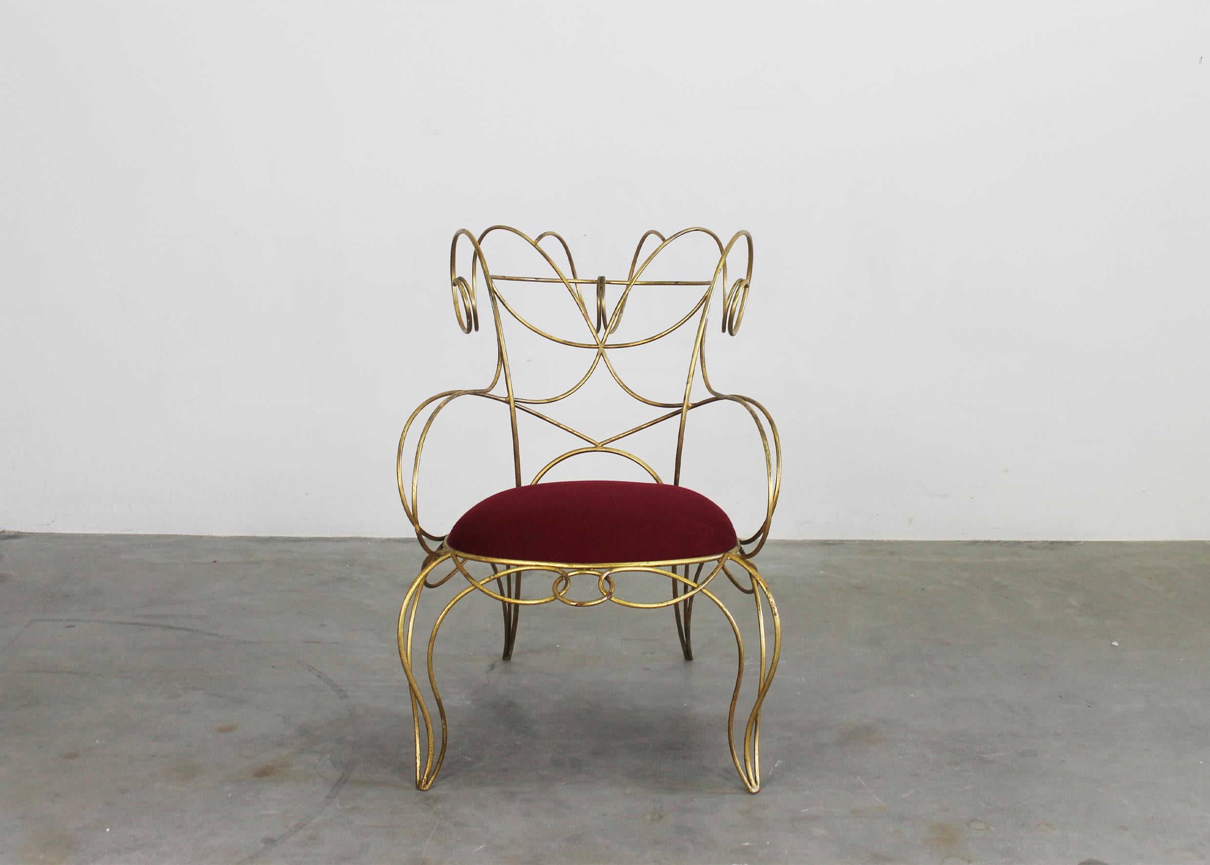 Modern Andrè Dubreuil Ram Armchair in Iron and Red Velvet by Ceccotti 1990s For Sale