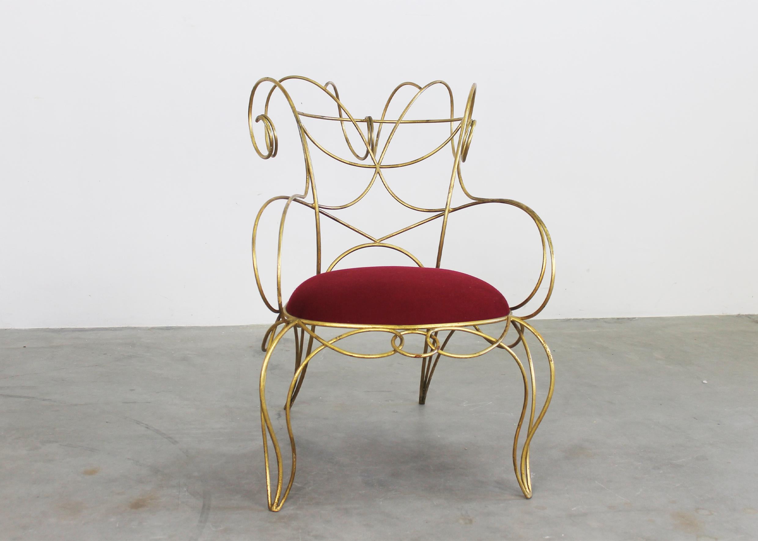 Italian Andrè Dubreuil Ram Armchair in Iron and Red Velvet by Ceccotti 1990s For Sale