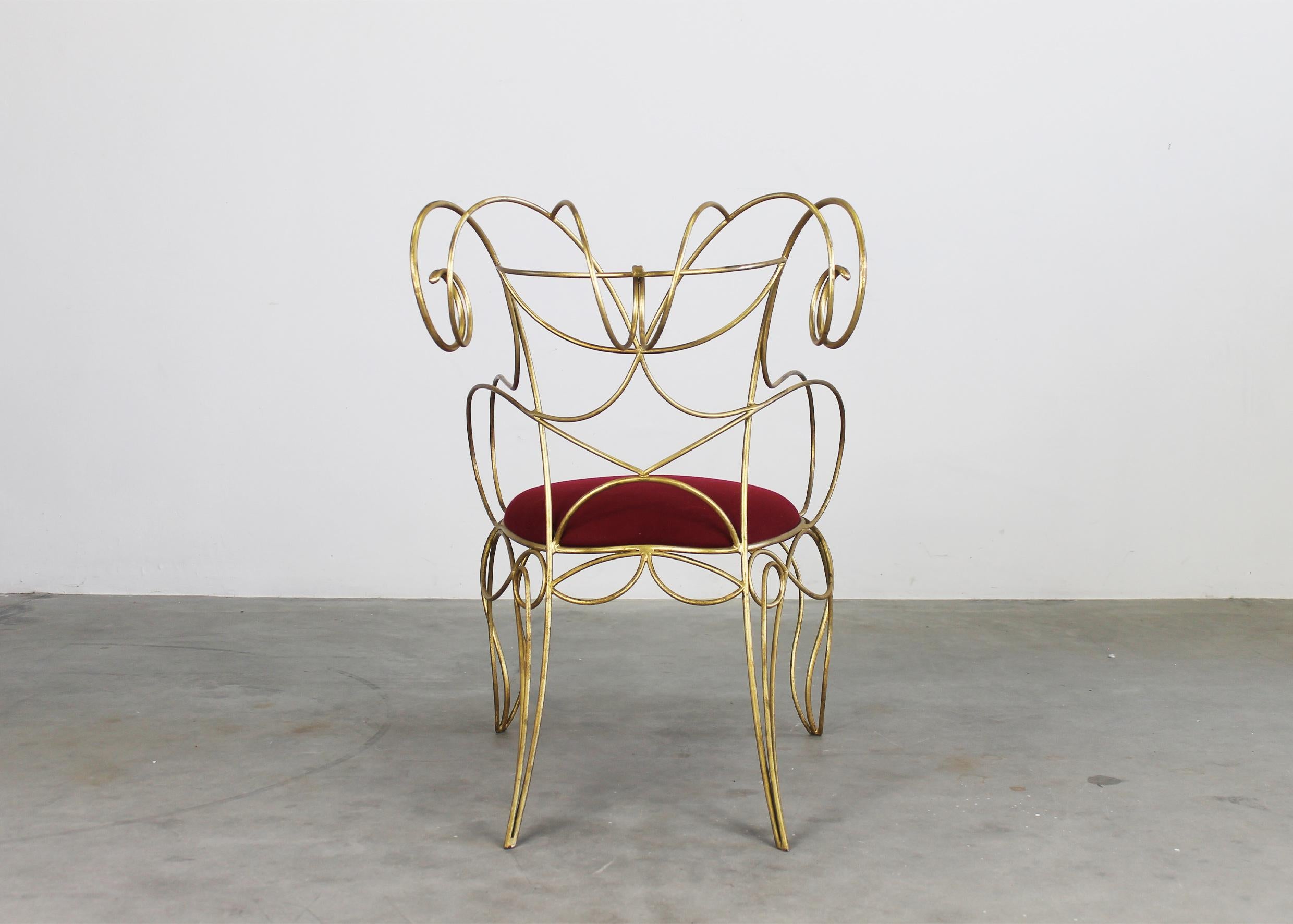 Andrè Dubreuil Ram Armchair in Iron and Red Velvet by Ceccotti 1990s In Good Condition For Sale In Montecatini Terme, IT
