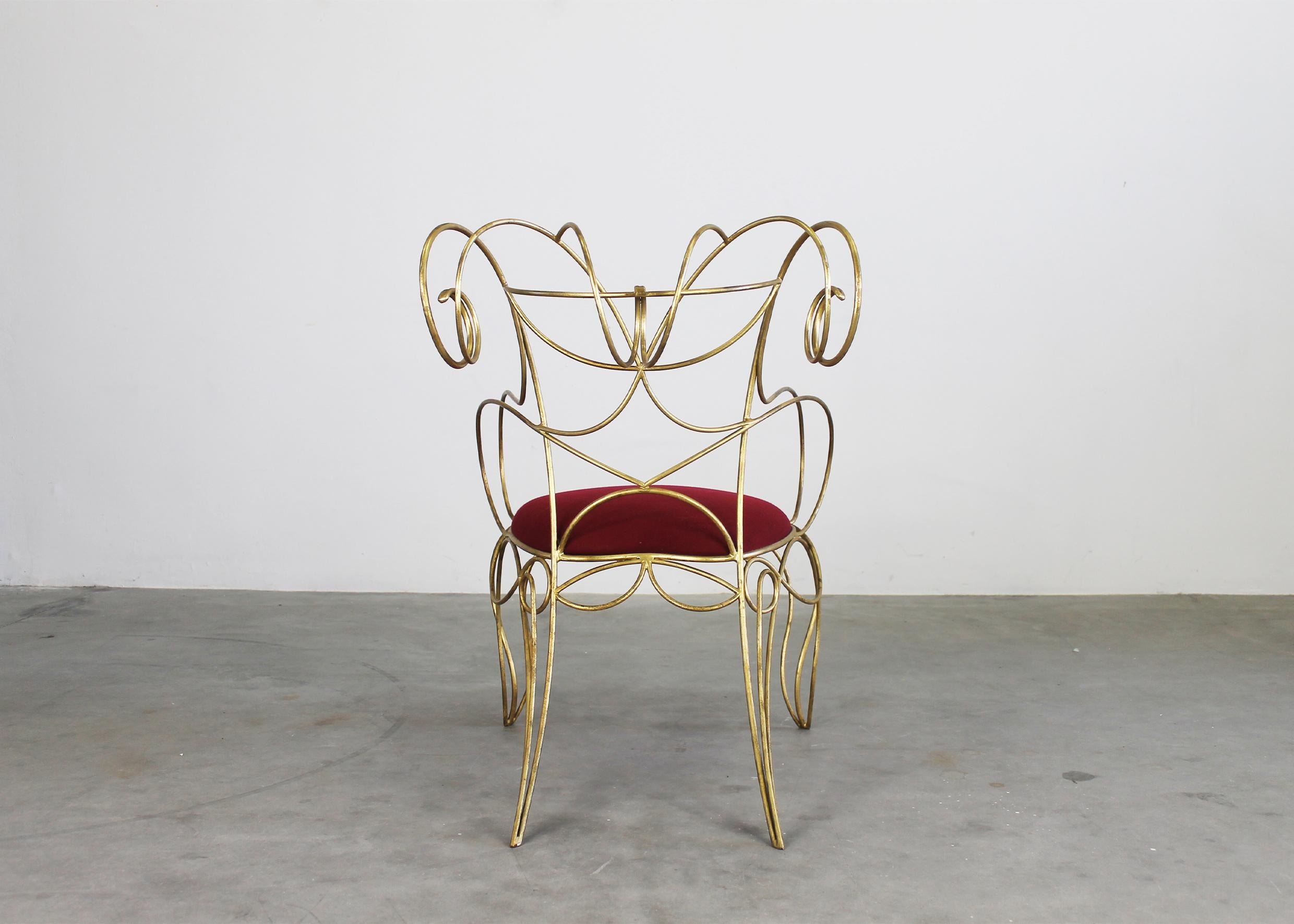 Late 20th Century Andrè Dubreuil Ram Armchair in Iron and Red Velvet by Ceccotti 1990s For Sale