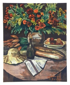(d'après) Lithographie Dunoyer de Segonzac « Nature morte - fleurs, pain et chapeau »