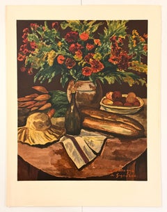 (según) Dunoyer de Segonzac "Nature morte - fleurs, pain et chapeau" litografía