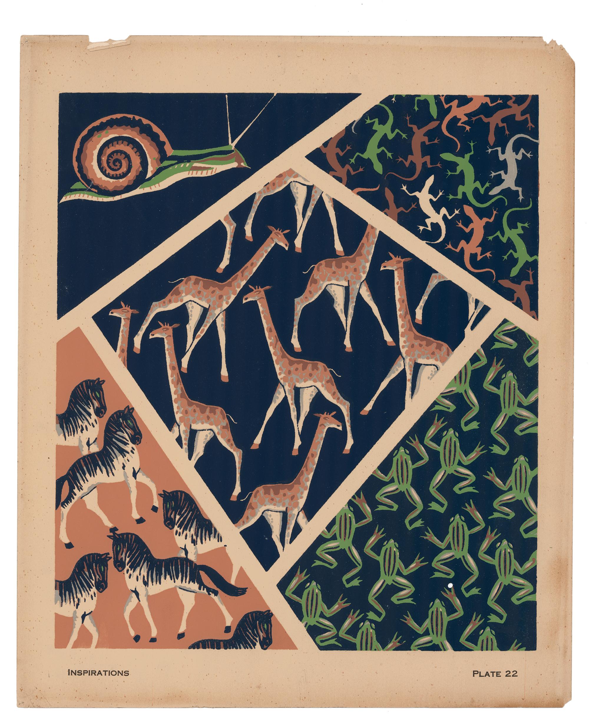 Giraffe Pochoir with Zebras and Frogs - Print by Andre Durenceau