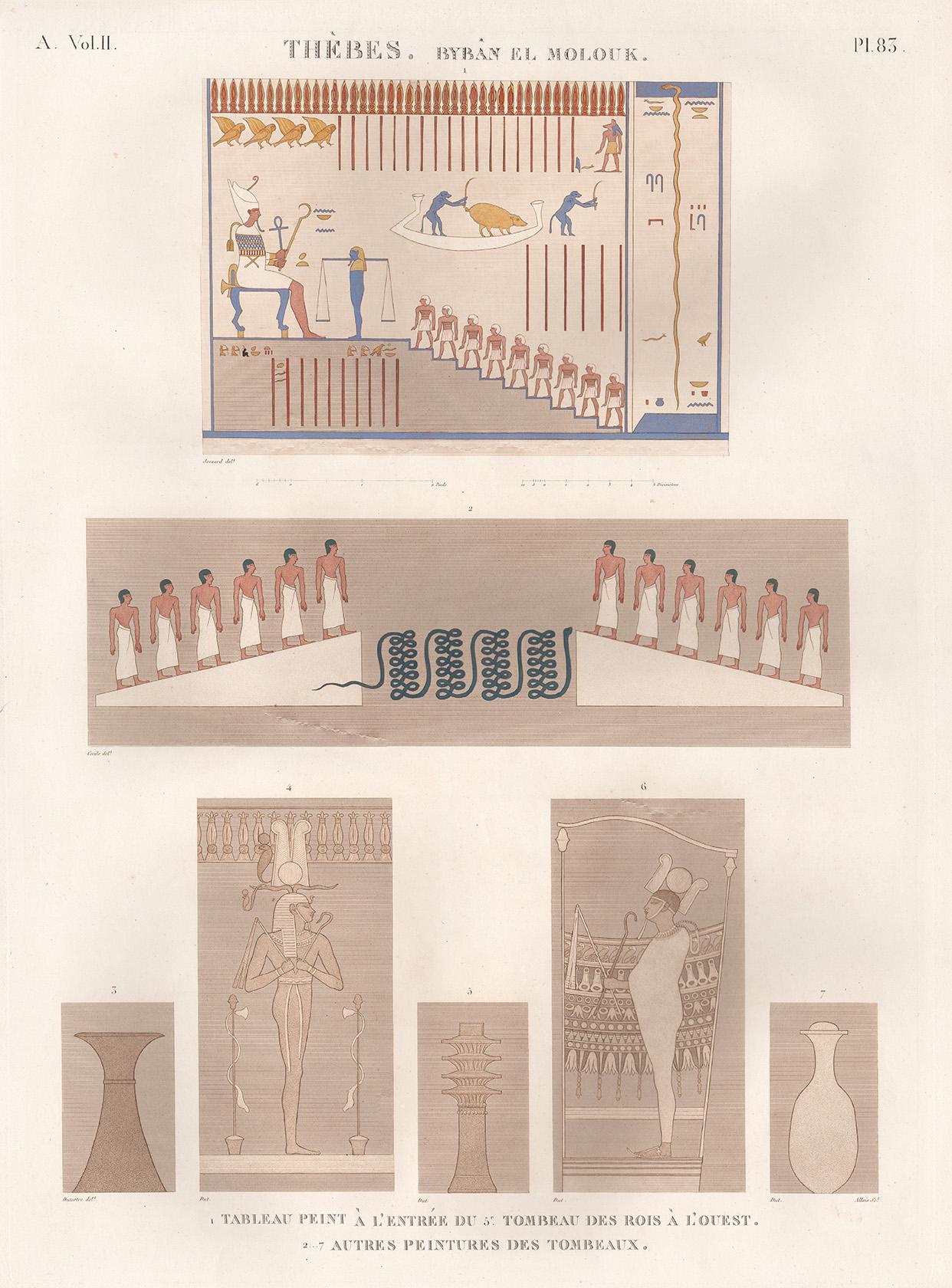Andre Dutertre Figurative Print - Ancient Egyptian tomb paintings, Thebes. Early 19th century engraving, 1820