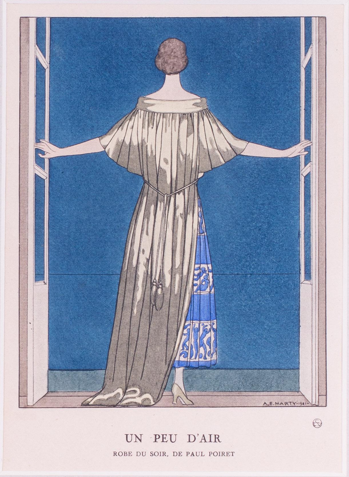 Lithographie Art déco de 1921 colorée à la main d'une dame prenant un peu d'air sur un balcon - Gris Figurative Print par Andre Edouard Marty